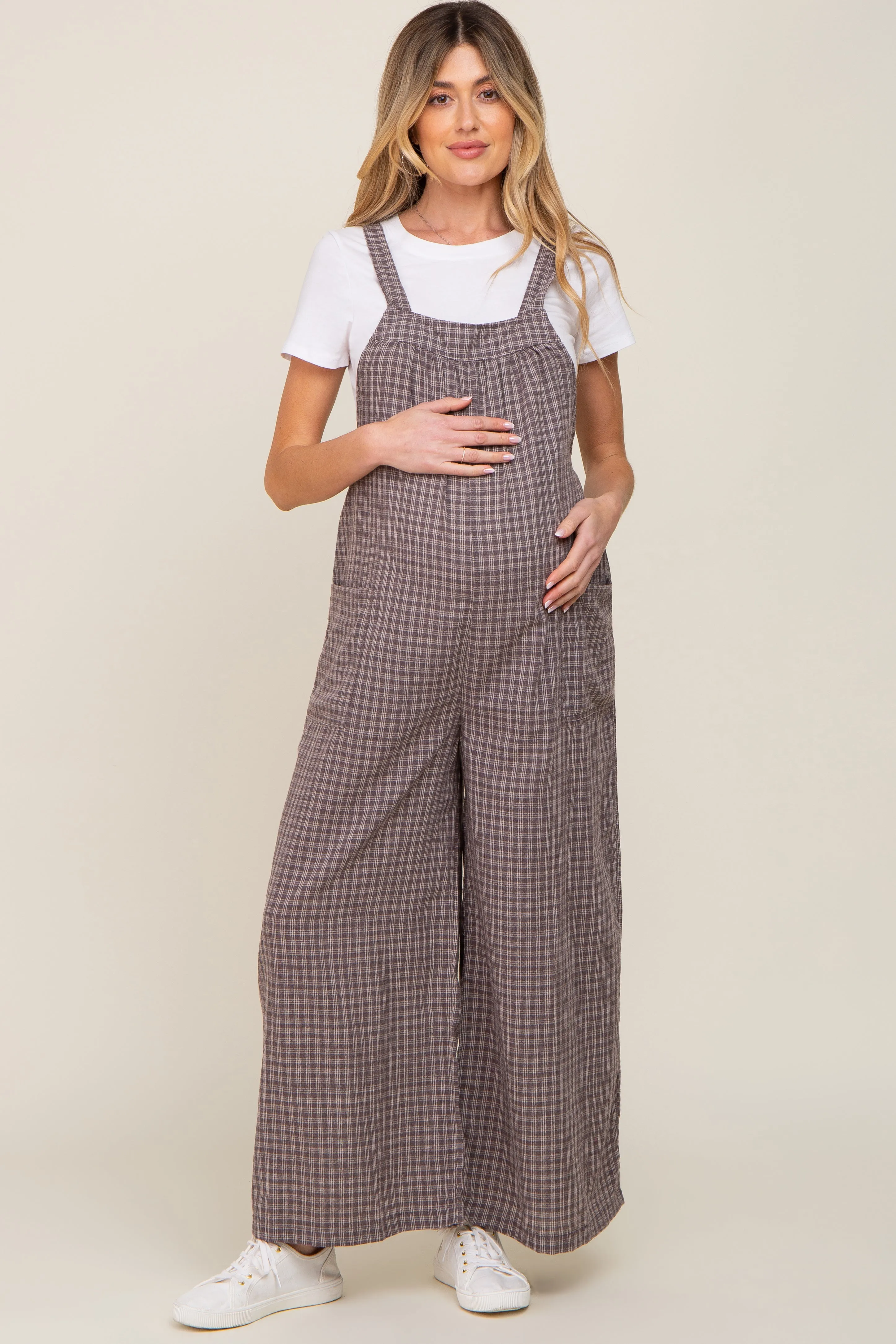 Mocha Plaid Tie Back Maternity Overall sold by Pinkblush product image thumbnail 4
