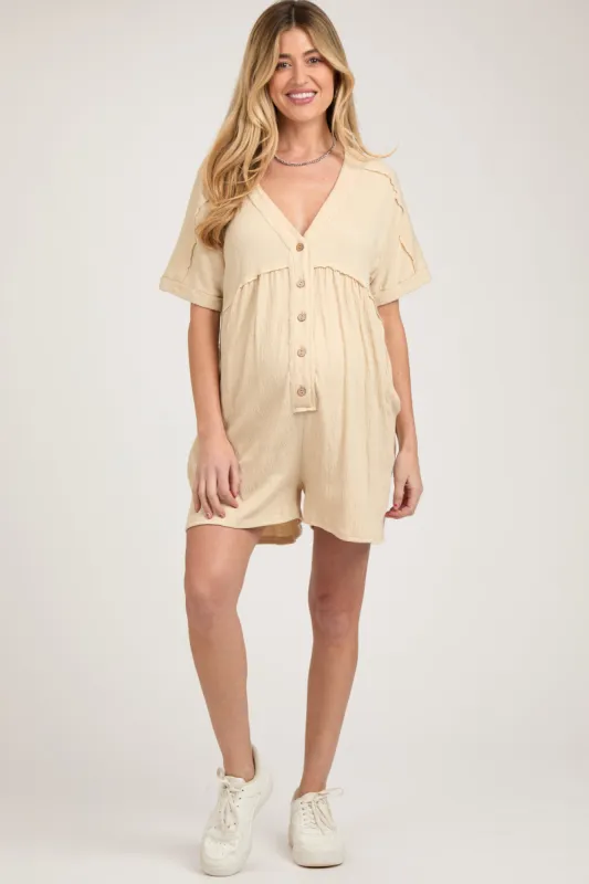 Beige Button Down Maternity Romper sold by Pinkblush
