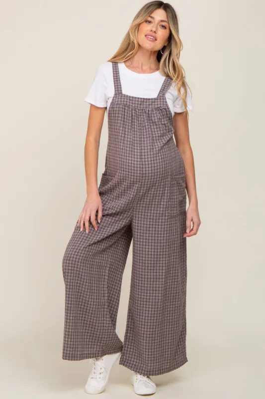 Mocha Plaid Tie Back Maternity Overall sold by Pinkblush