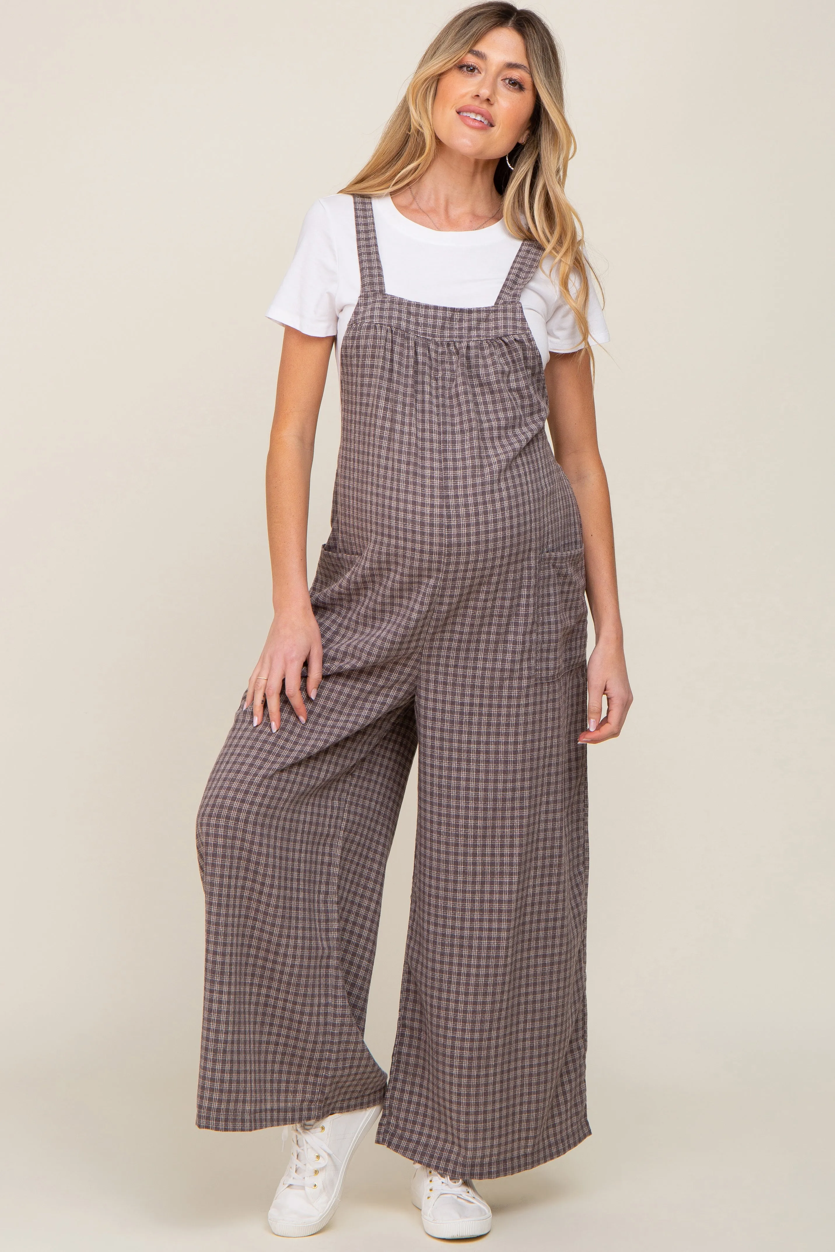 Mocha Plaid Tie Back Maternity Overall sold by Pinkblush
