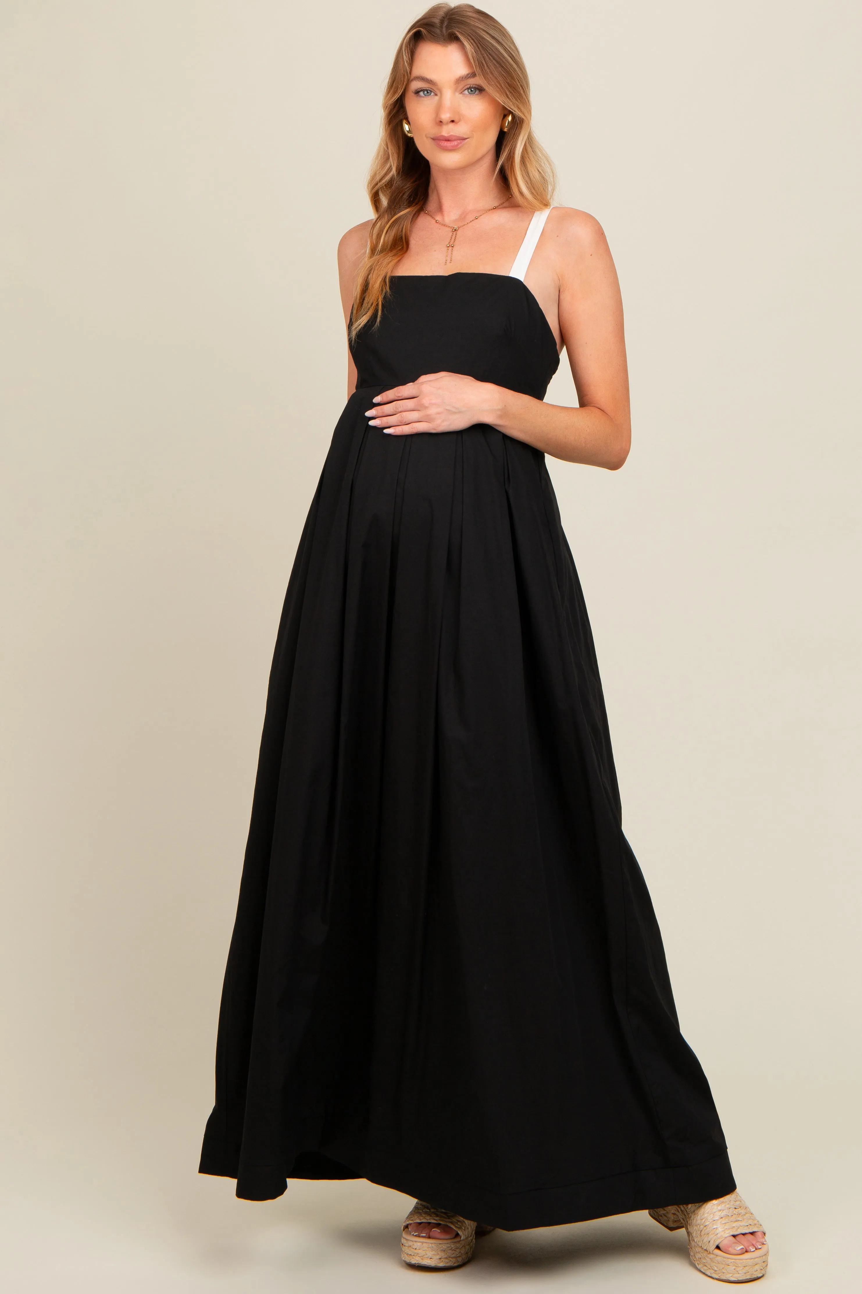 Black Square Neck Contrast Strap Back Cutout Maternity Maxi Dress sold by Pinkblush