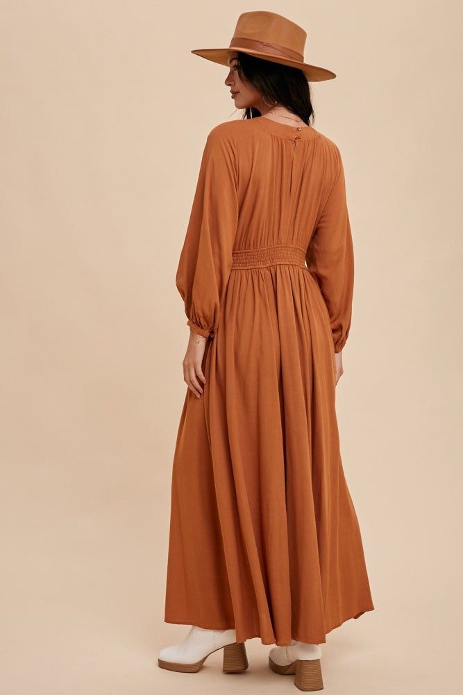 Camel Deep V-Neck Smocked Waist Maxi Dress sold by Pinkblush product image thumbnail 3