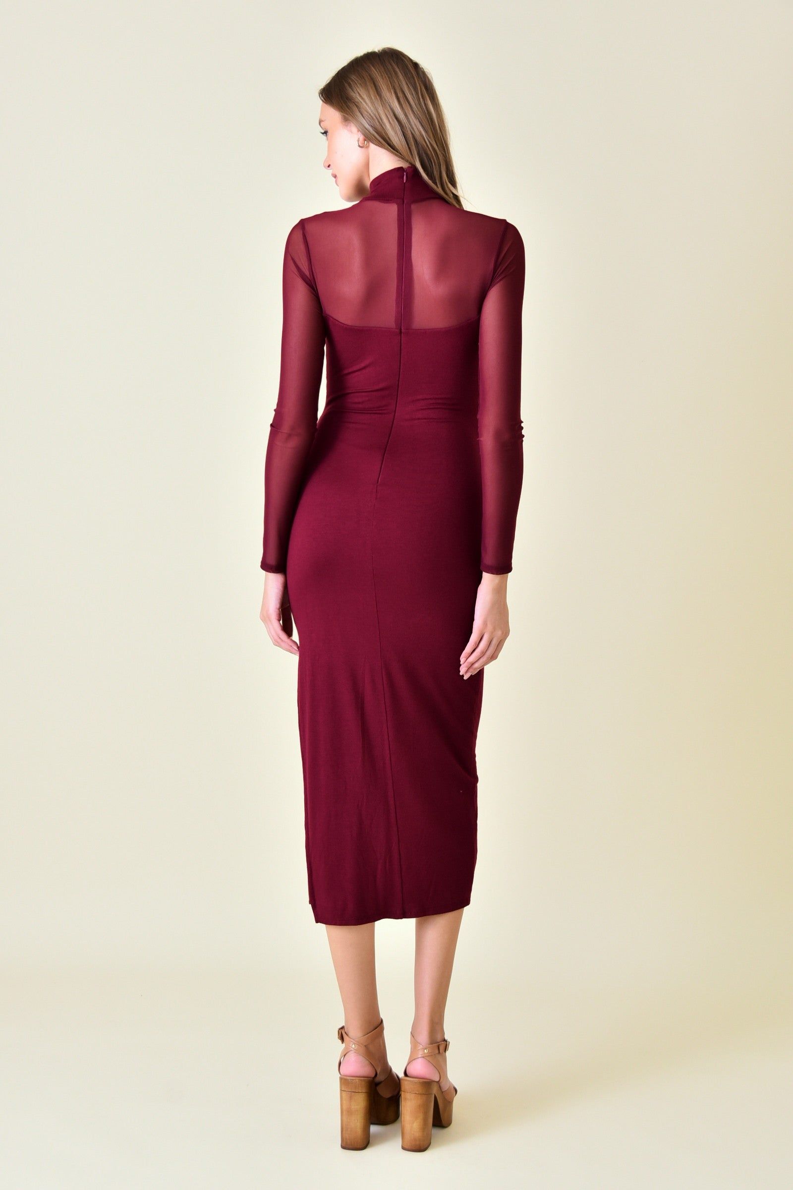 Burgundy Mock Neck Mesh Cut Out Thigh Slit Ankle Dress sold by Pinkblush product image thumbnail 3
