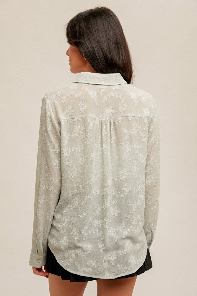 Mint Tie Waist Chiffon Jacquard Button Down Blouse sold by Pinkblush product image thumbnail 3