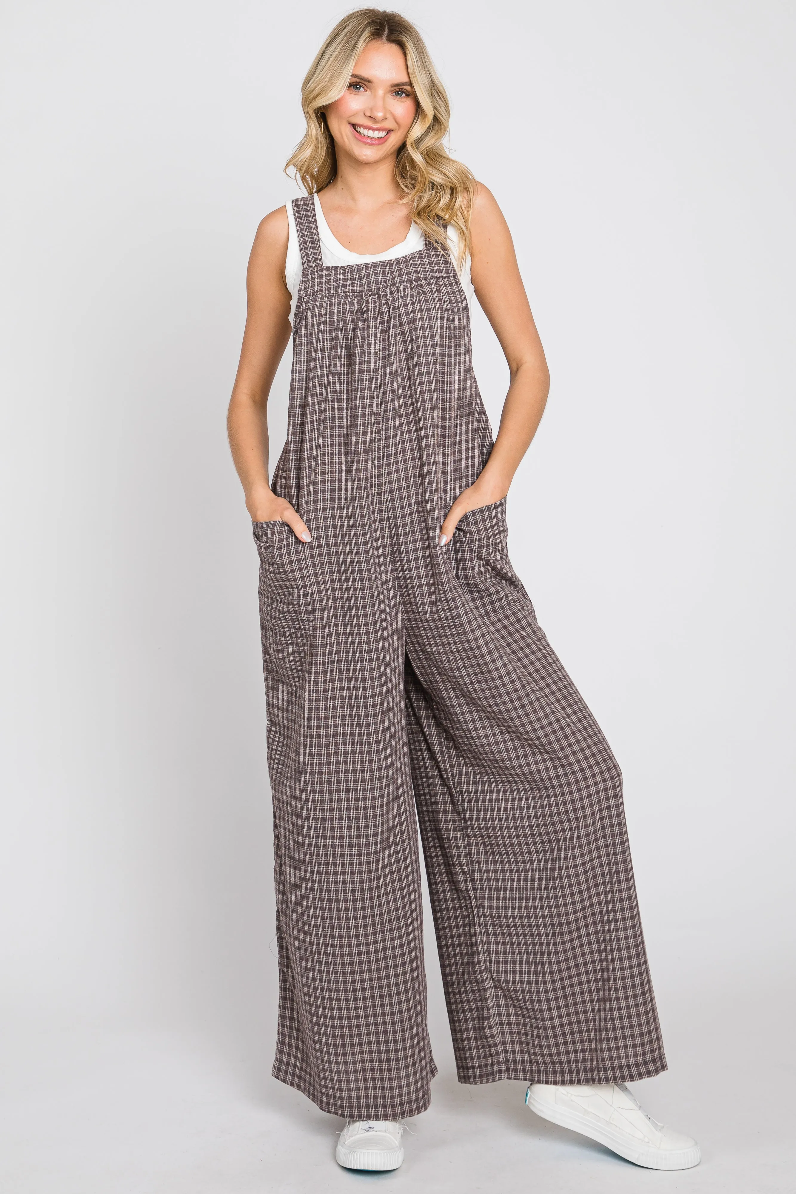 Mocha Plaid Tie Back Maternity Overall sold by Pinkblush product image thumbnail 5
