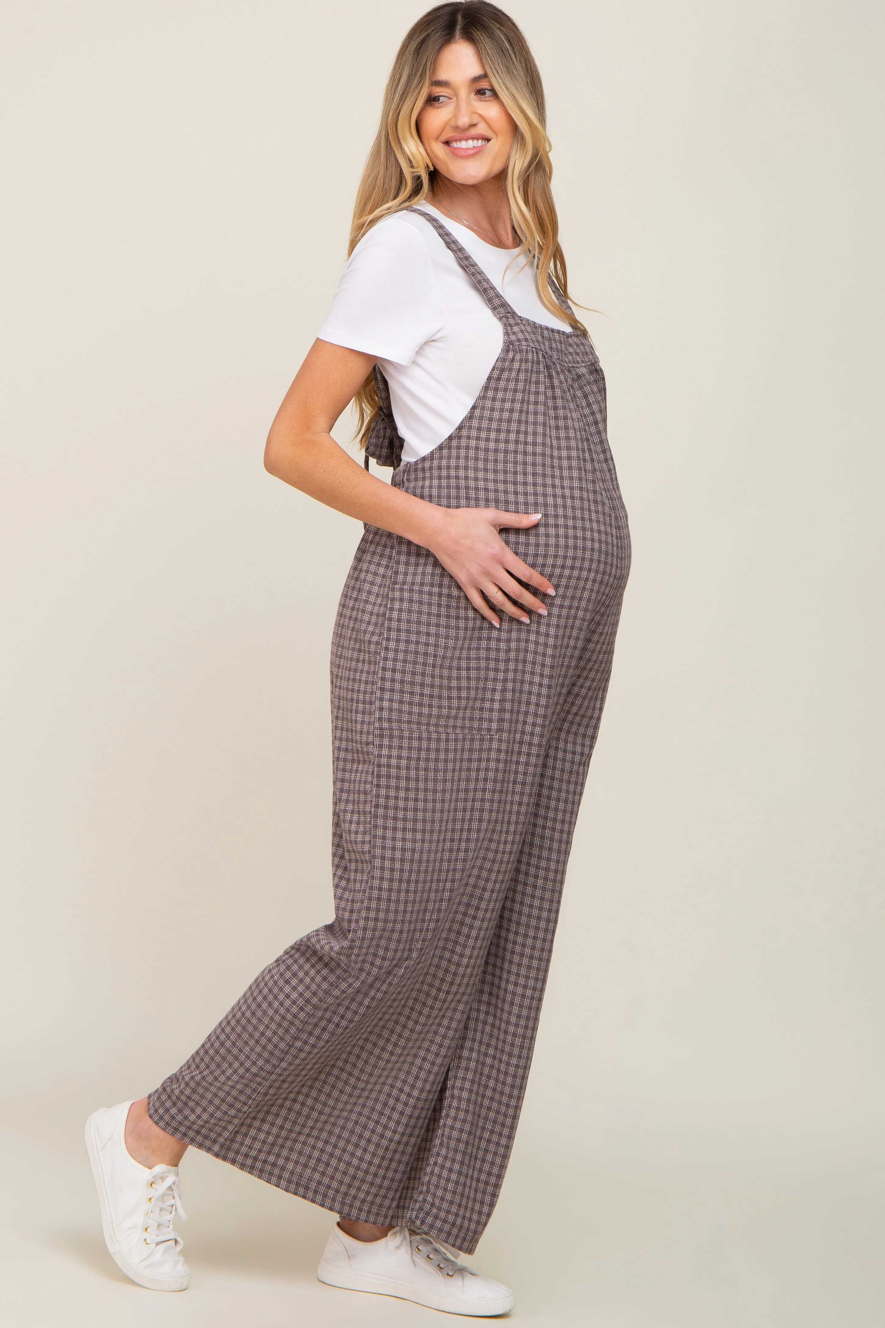 Mocha Plaid Tie Back Maternity Overall sold by Pinkblush product image thumbnail 2