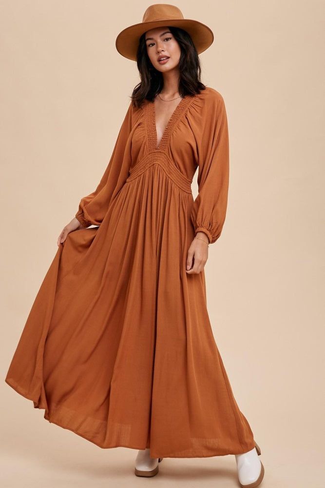Camel Deep V-Neck Smocked Waist Maxi Dress sold by Pinkblush