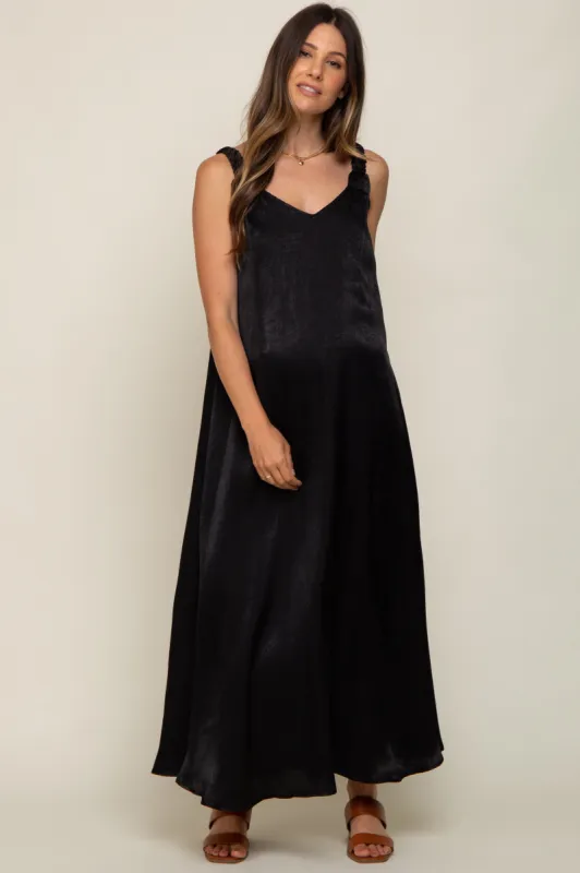 Black Satin Side Slit Maternity Maxi Dress sold by Pinkblush