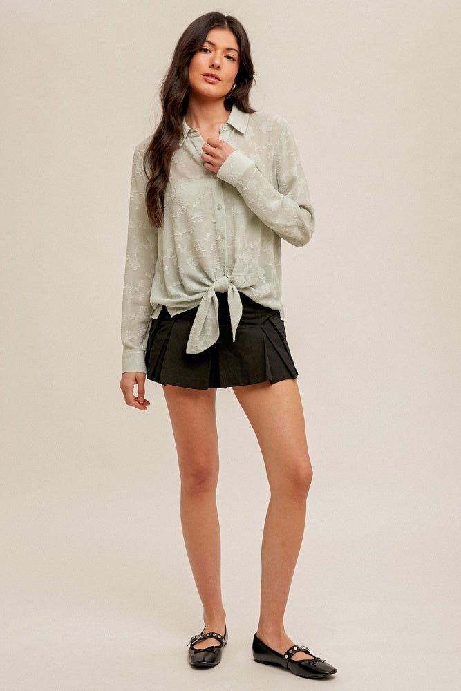 Mint Tie Waist Chiffon Jacquard Button Down Blouse sold by Pinkblush product image thumbnail 4