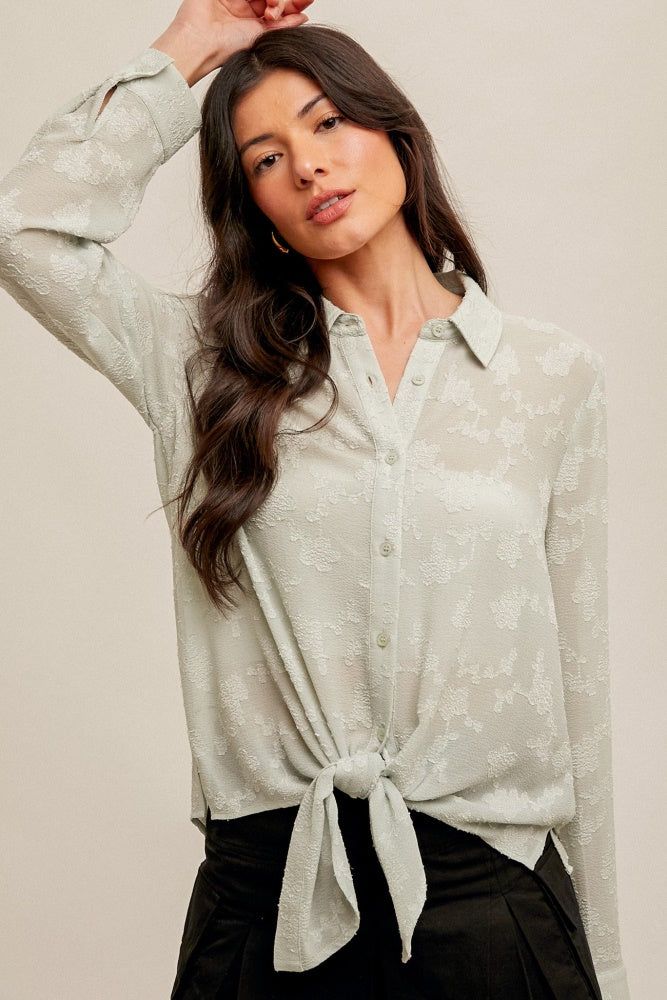 Mint Tie Waist Chiffon Jacquard Button Down Blouse sold by Pinkblush