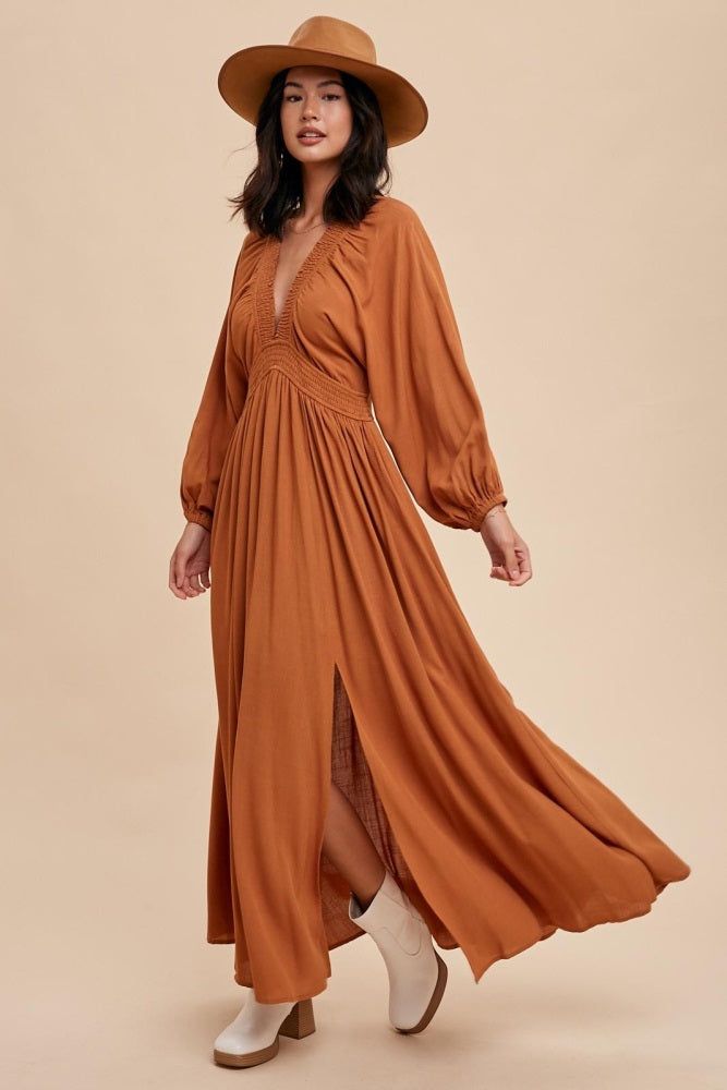 Camel Deep V-Neck Smocked Waist Maxi Dress sold by Pinkblush product image thumbnail 2