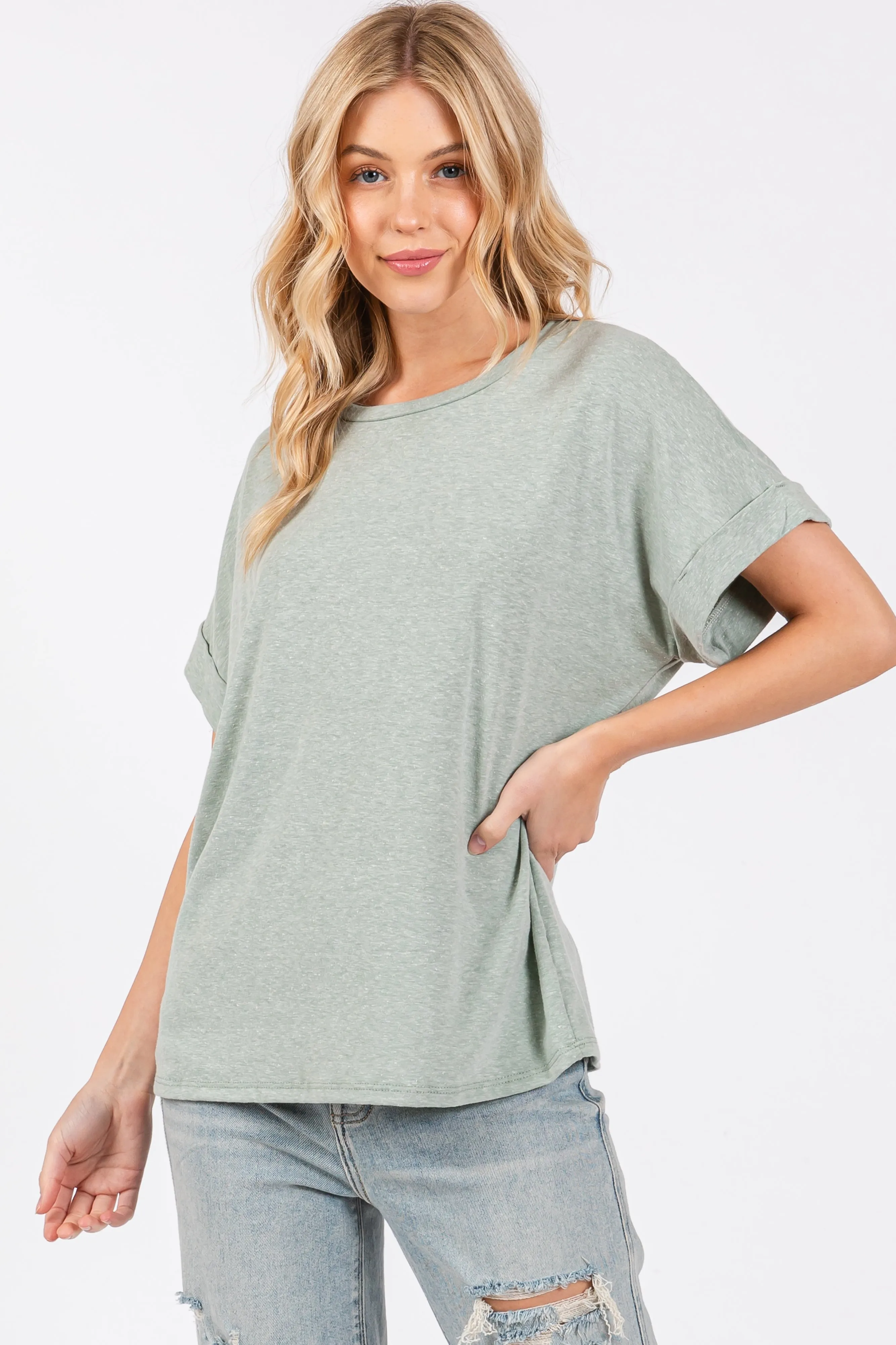 Light Olive Cuff Short Sleeve Top sold by Pinkblush
