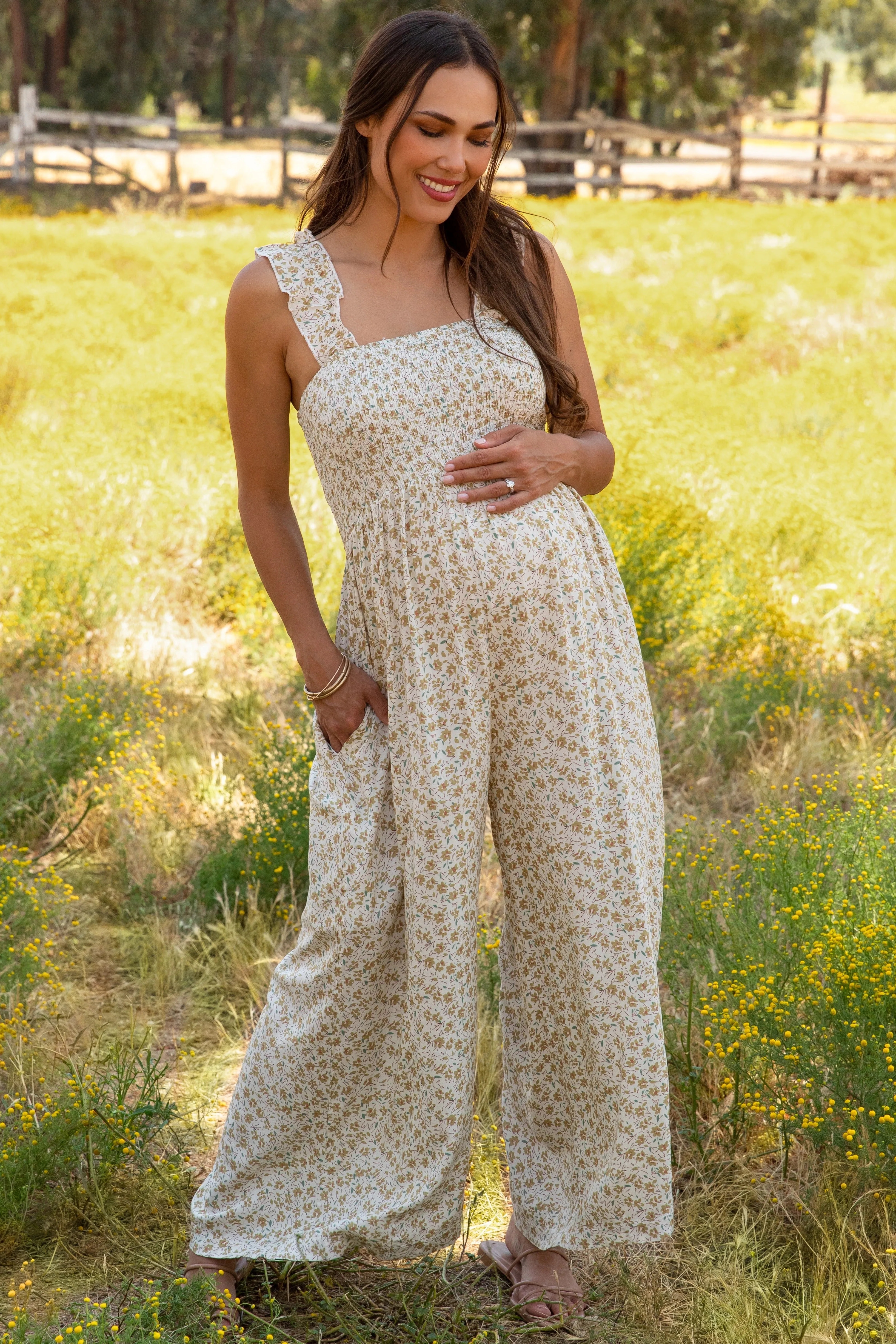 Cream Floral Flowy Maternity Jumpsuit sold by Pinkblush product image thumbnail 2