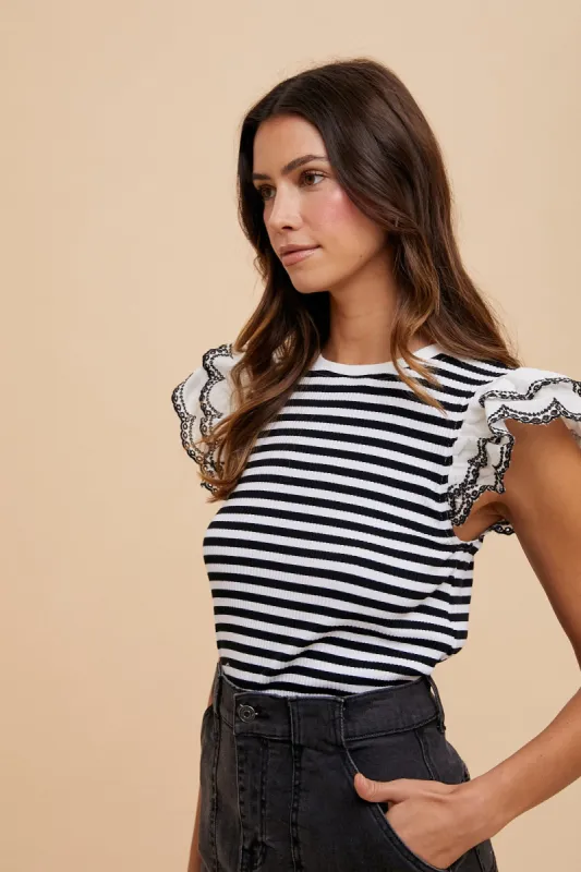 Black Striped Eyelet Lace Sleeve Blouse sold by Pinkblush