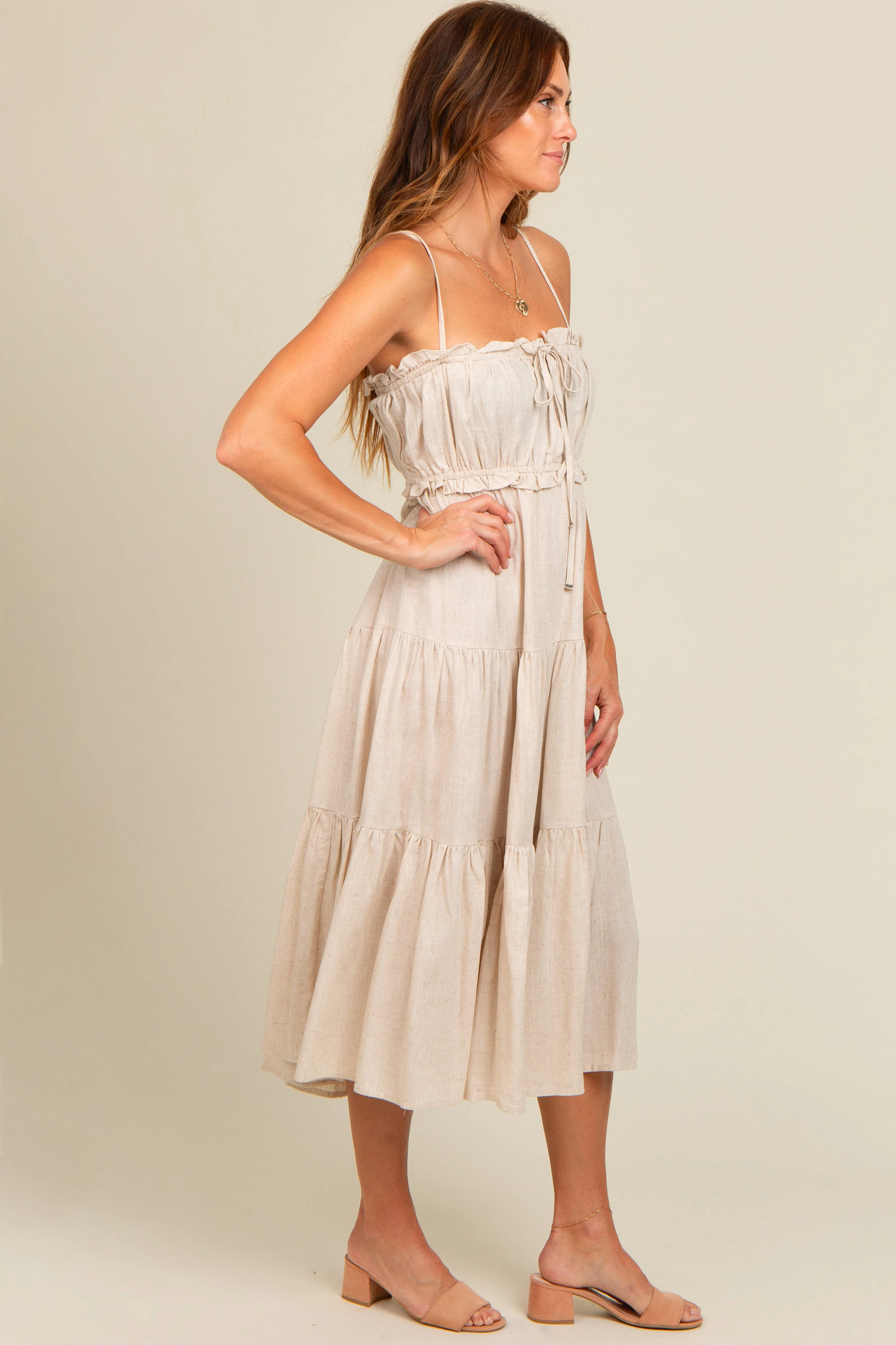 Beige Front Tie Cutout Tiered Midi Dress sold by Pinkblush product image thumbnail 3