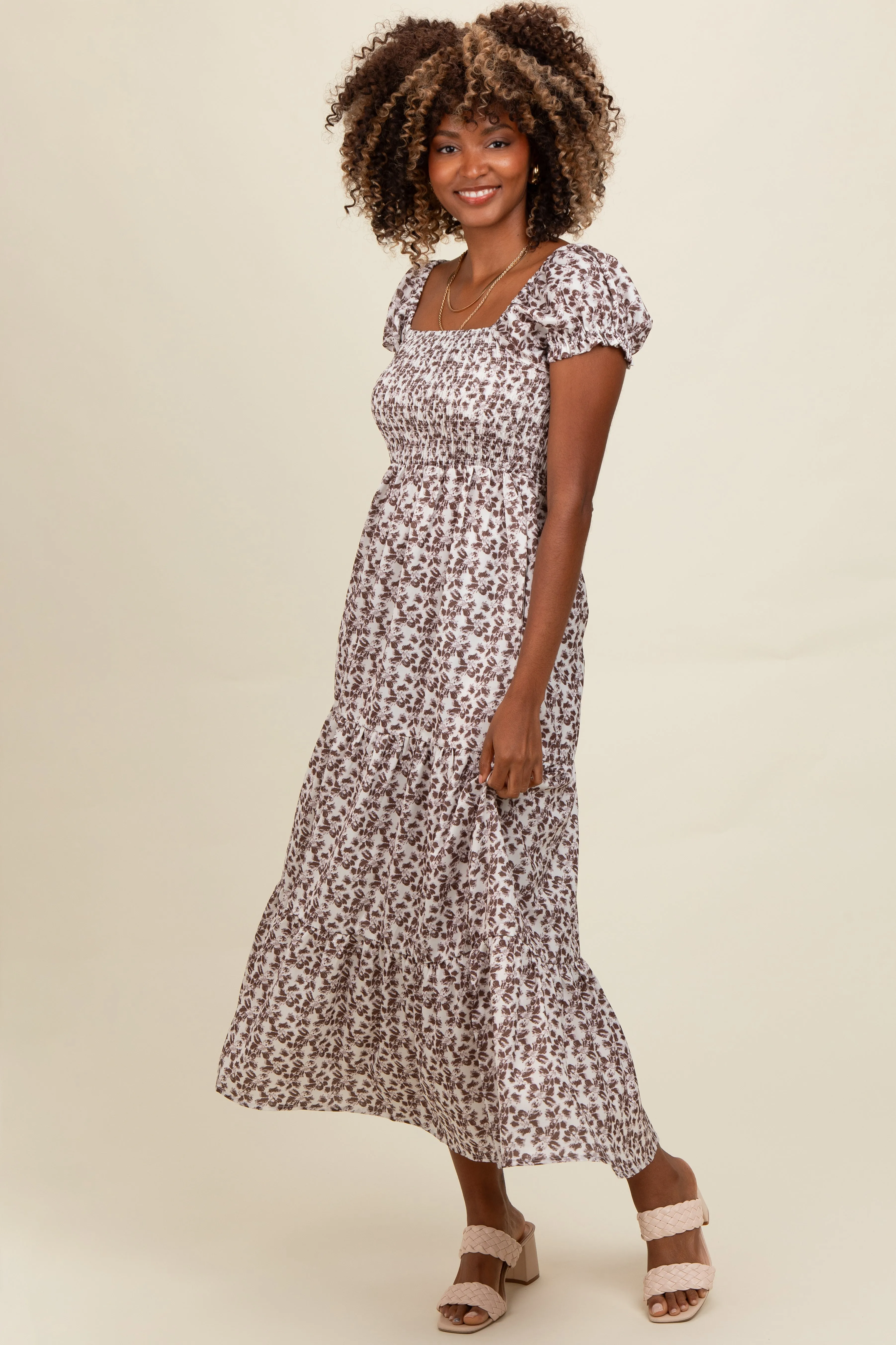 Brown Floral Puff Sleeve Smocked Maternity Maxi Dress sold by Pinkblush product image thumbnail 5