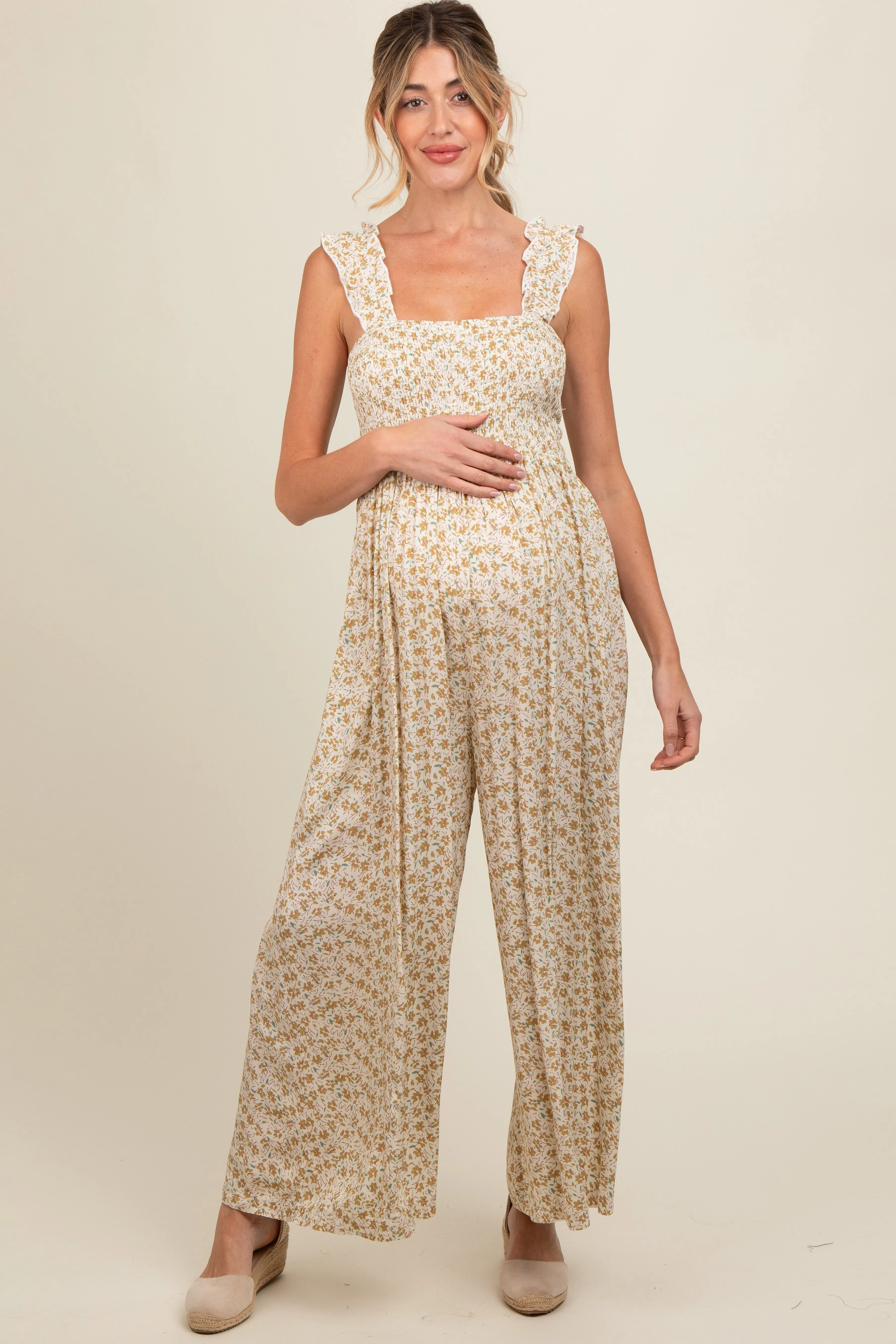 Cream Floral Flowy Maternity Jumpsuit sold by Pinkblush product image thumbnail 3