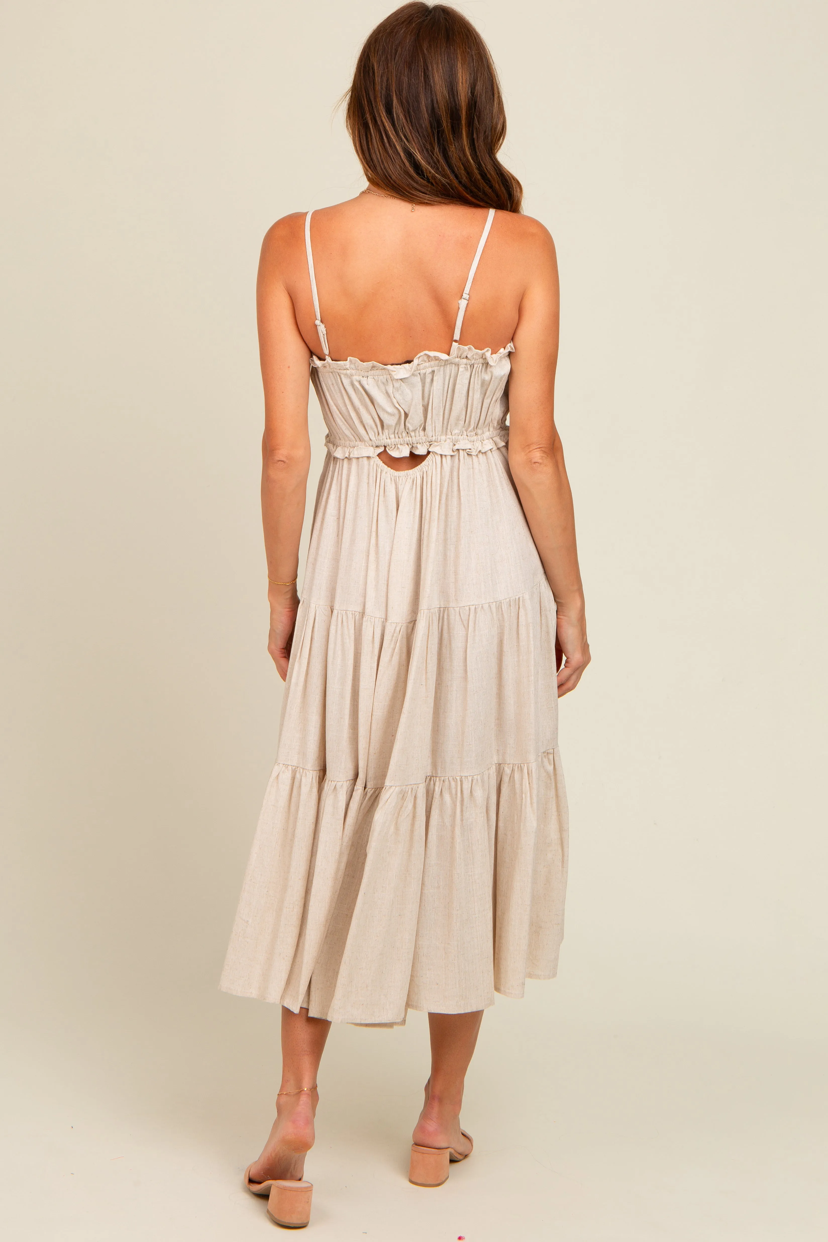 Beige Front Tie Cutout Tiered Midi Dress sold by Pinkblush product image thumbnail 4