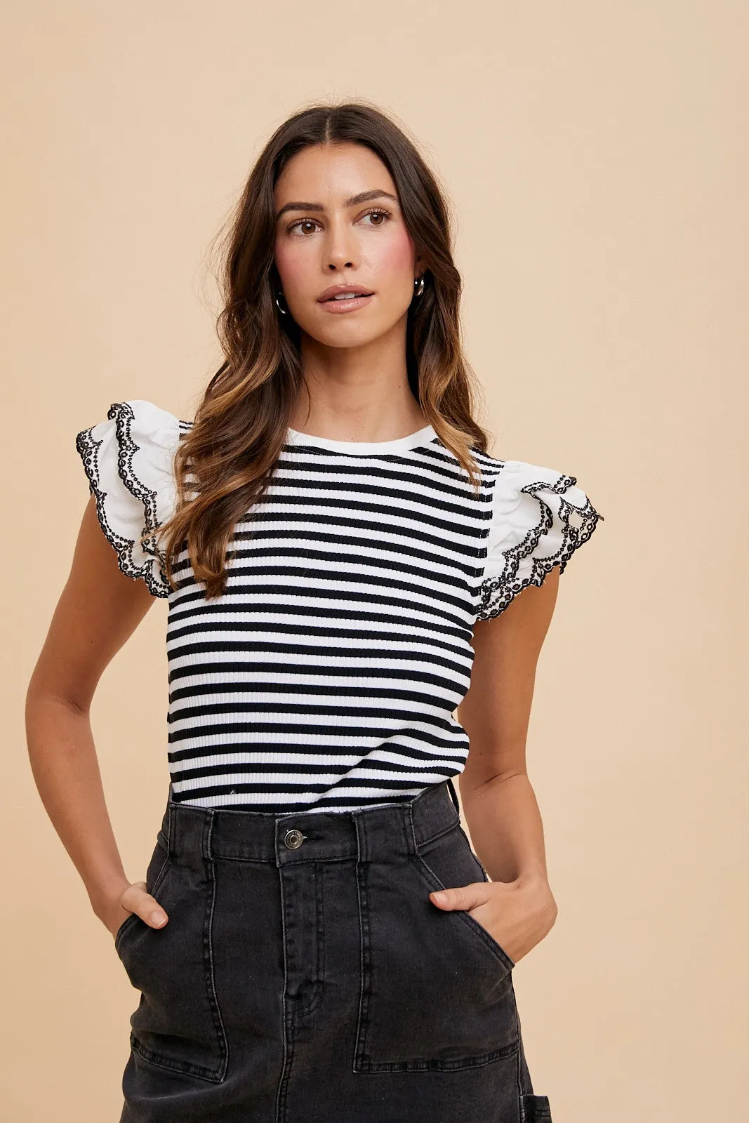 Black Striped Eyelet Lace Sleeve Blouse sold by Pinkblush product image thumbnail 3