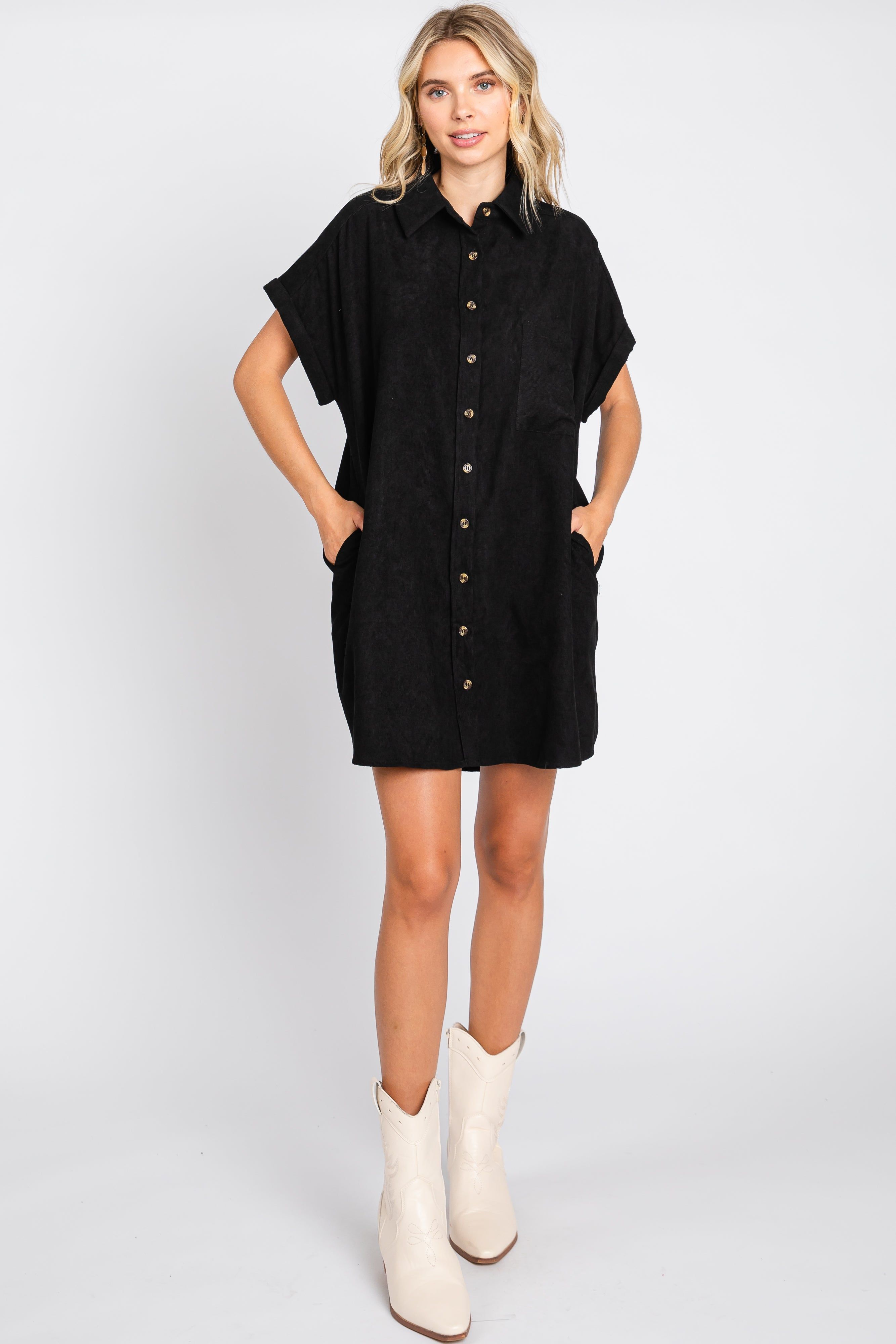 Black Ribbed Button Down Mini Dress sold by Pinkblush
