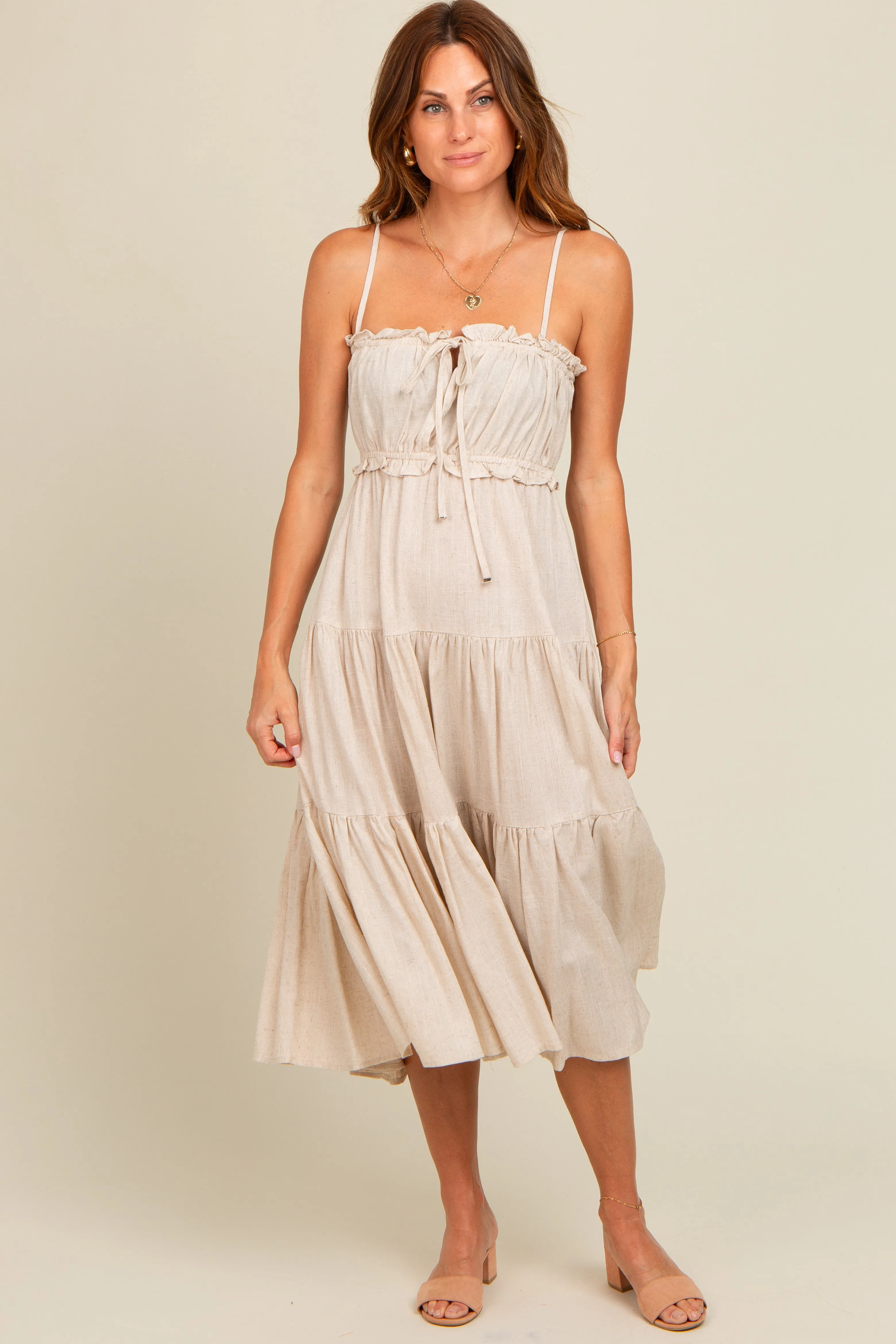 Beige Front Tie Cutout Tiered Midi Dress sold by Pinkblush product image thumbnail 2