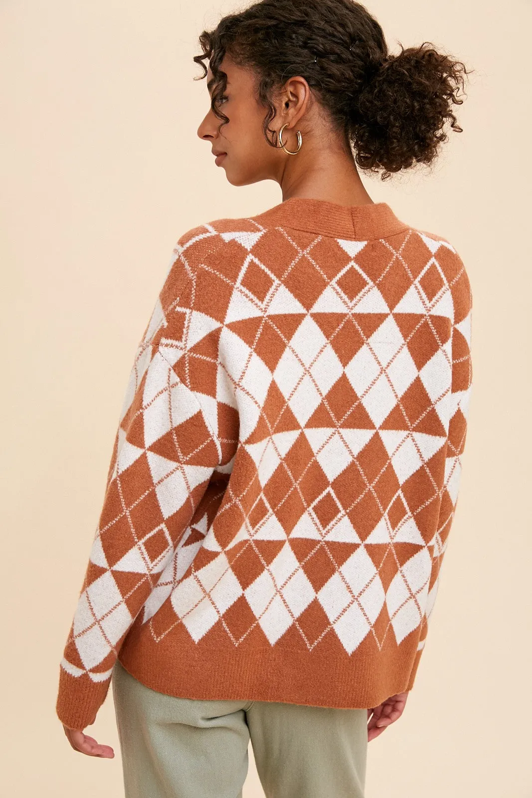 Camel Argyle Button Front Cardigan sold by Pinkblush product image thumbnail 3