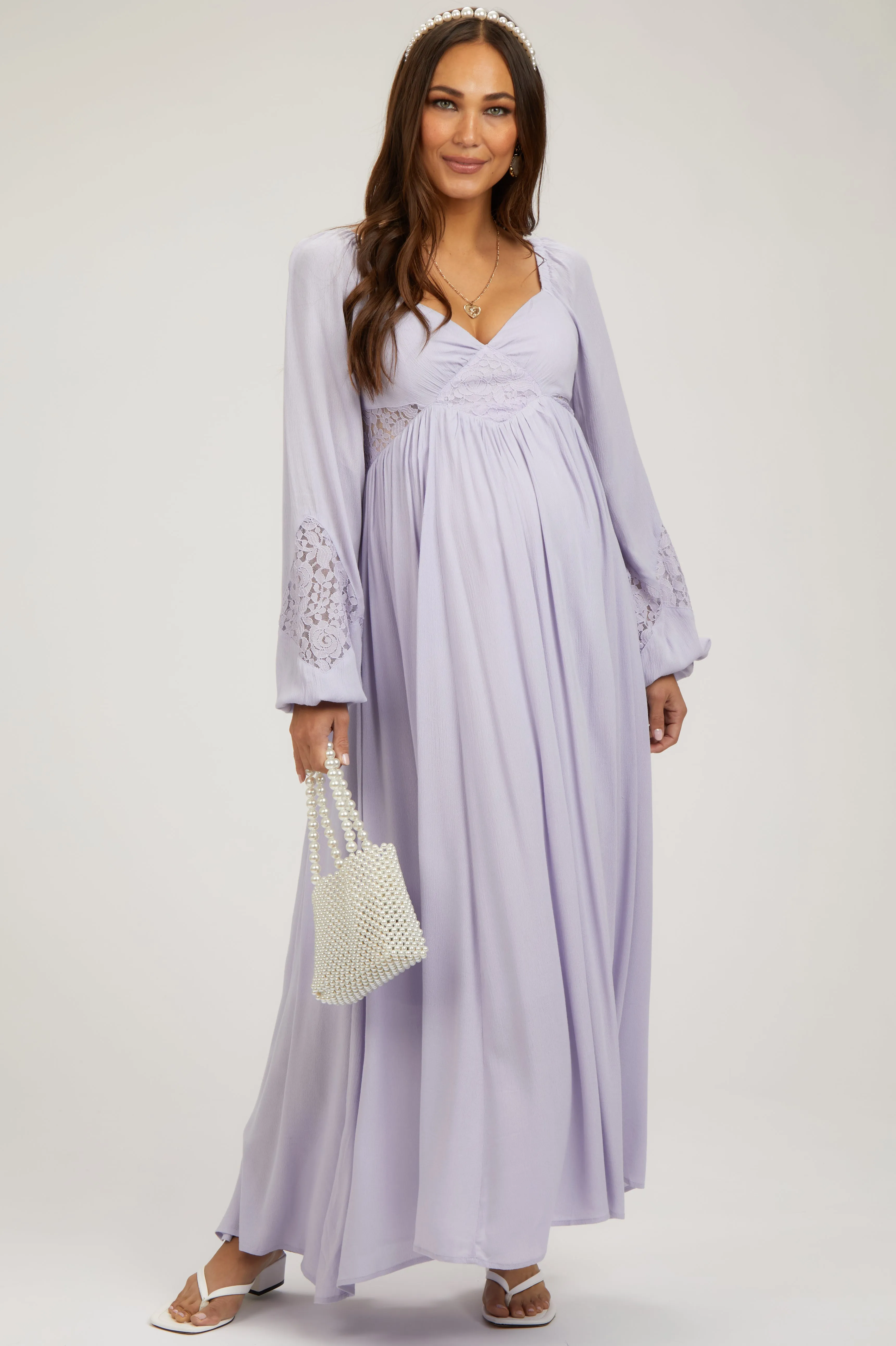 Lavender Lace Accent Long Sleeve Maternity Maxi Dress sold by Pinkblush