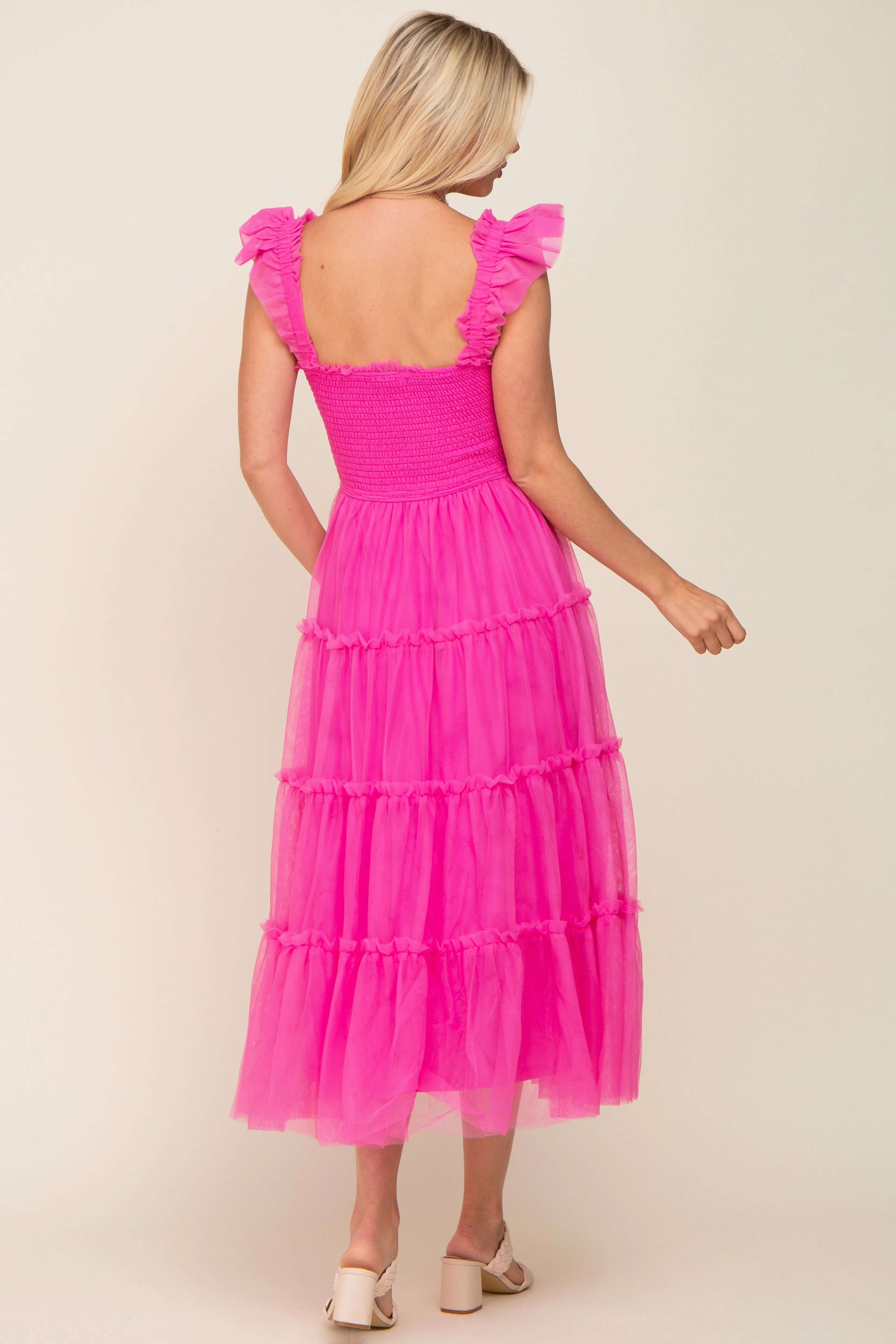 Fuchsia Smocked Mesh Ruffle Accent Midi Dress sold by Pinkblush product image thumbnail 3