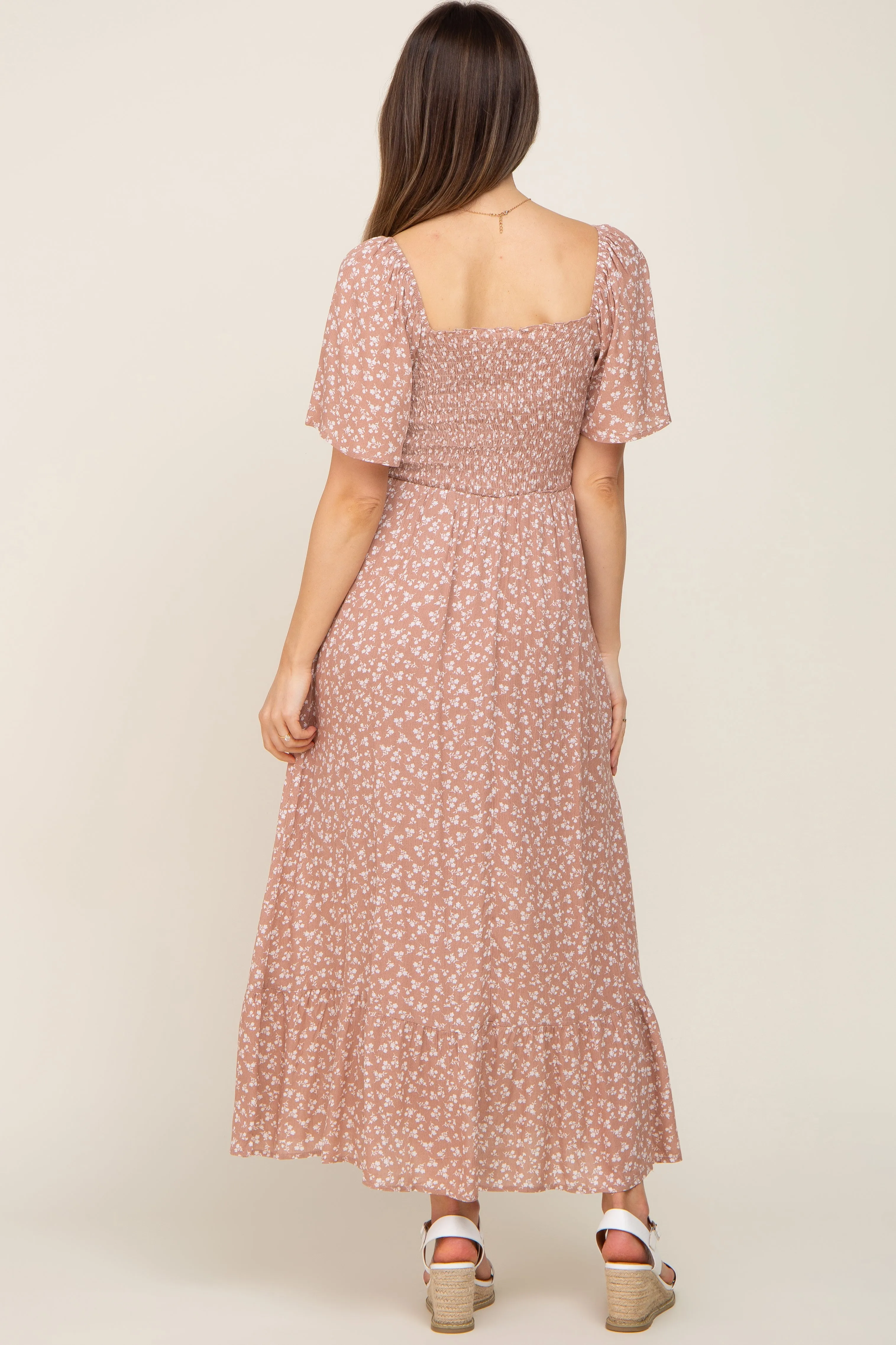 Taupe Floral Smocked Maternity Midi Dress sold by Pinkblush product image thumbnail 3