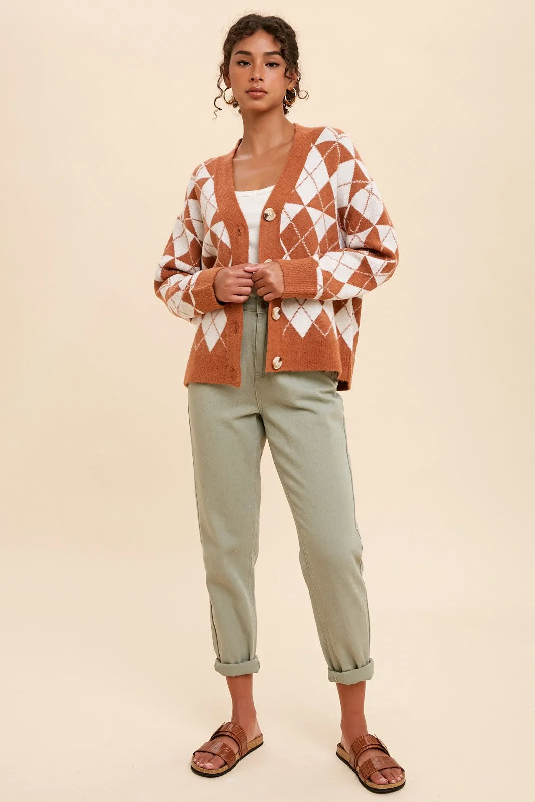 Camel Argyle Button Front Cardigan sold by Pinkblush product image thumbnail 4