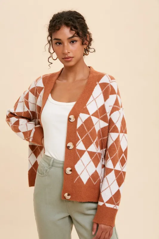 Camel Argyle Button Front Cardigan sold by Pinkblush