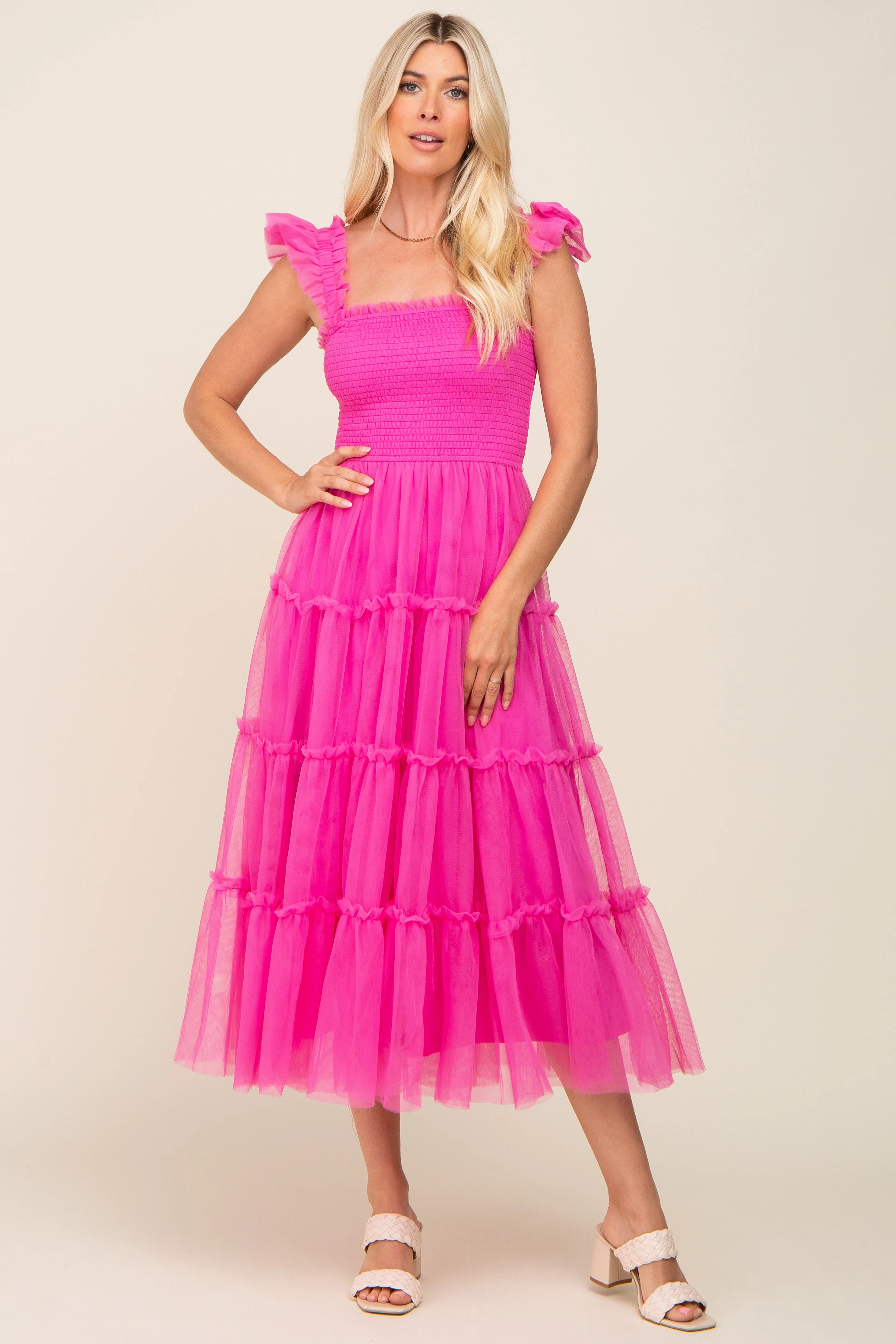 Fuchsia Smocked Mesh Ruffle Accent Midi Dress sold by Pinkblush
