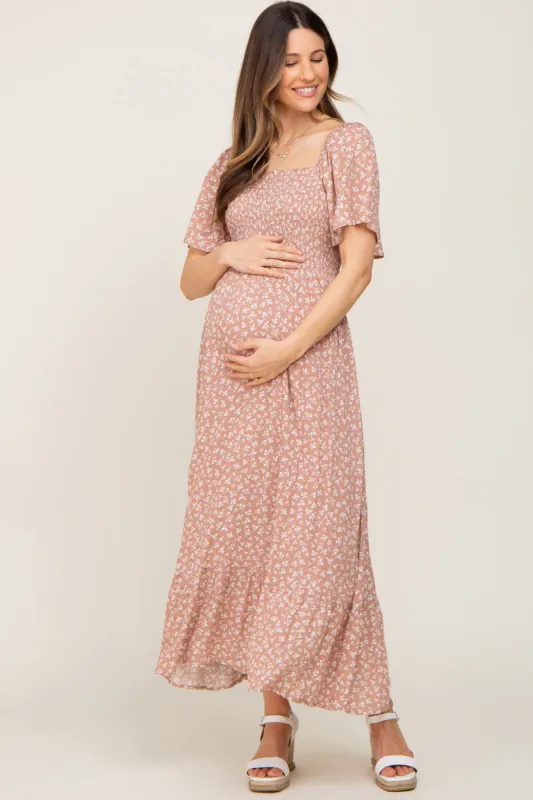 Taupe Floral Smocked Maternity Midi Dress sold by Pinkblush