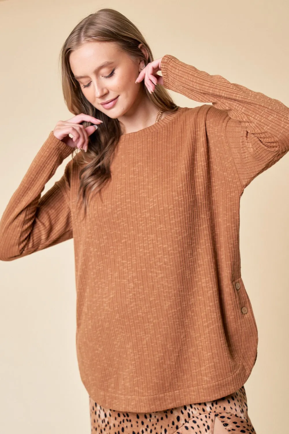 Camel Ribbed Round Hem Button Top sold by Pinkblush