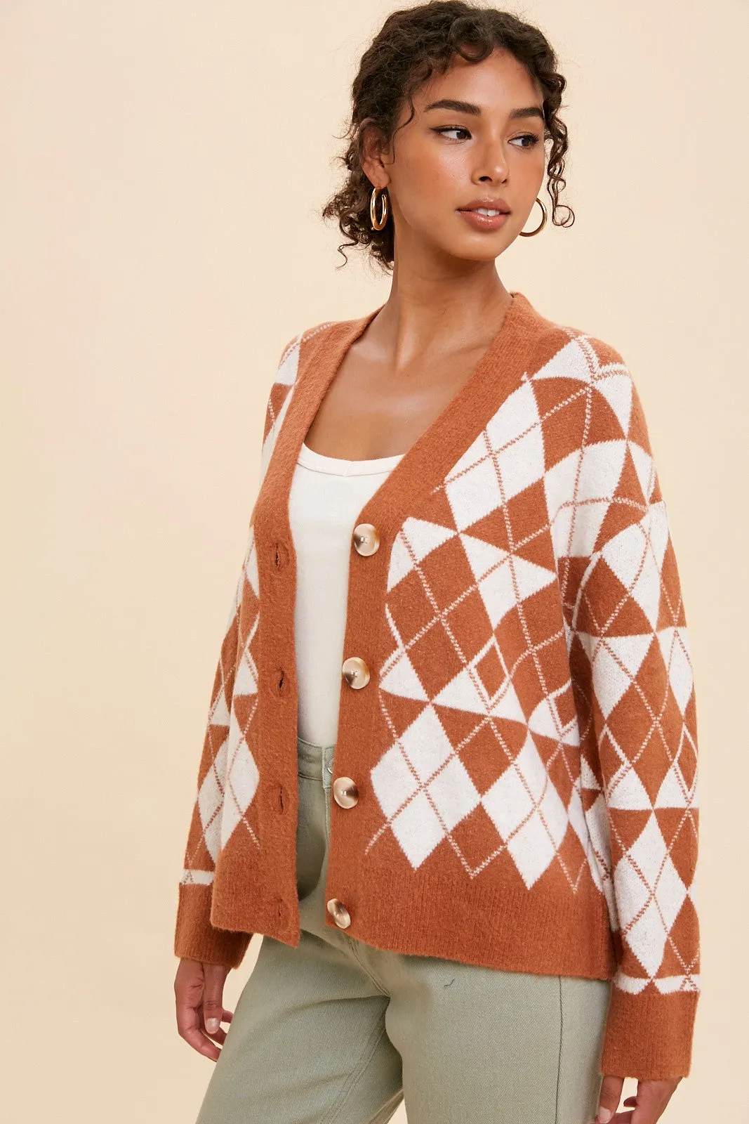 Camel Argyle Button Front Cardigan sold by Pinkblush product image thumbnail 2