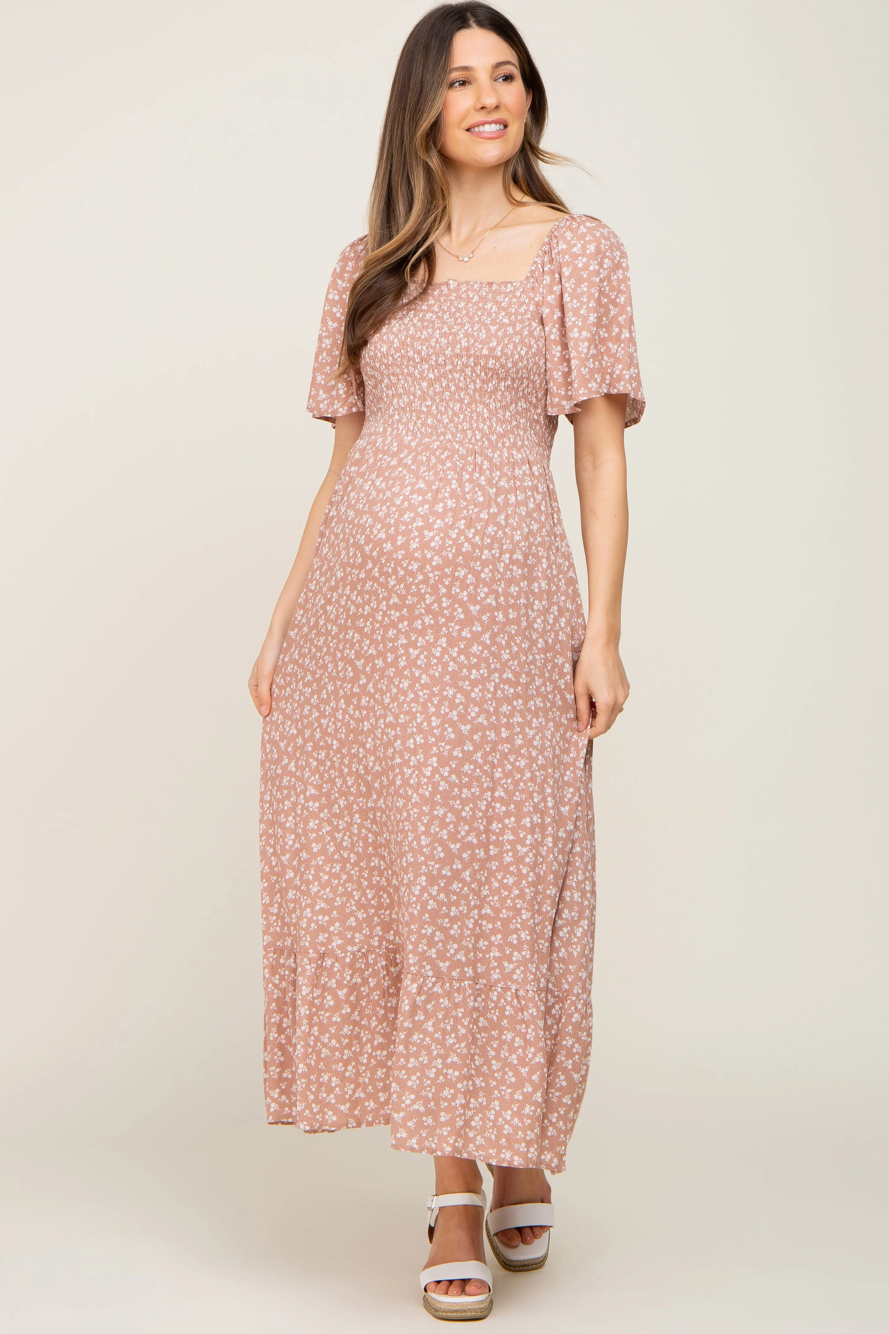 Taupe Floral Smocked Maternity Midi Dress sold by Pinkblush product image thumbnail 5