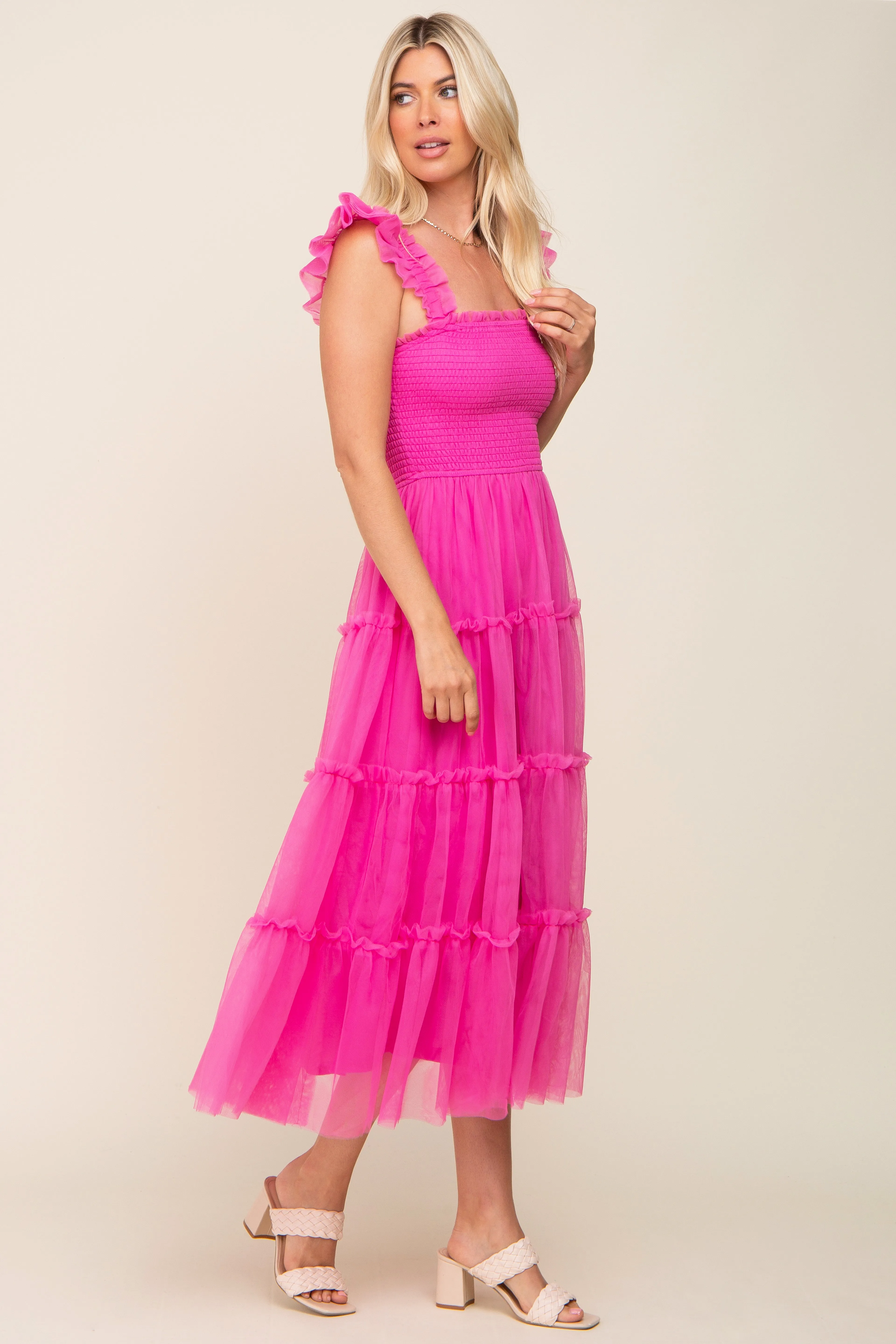 Fuchsia Smocked Mesh Ruffle Accent Midi Dress sold by Pinkblush product image thumbnail 2