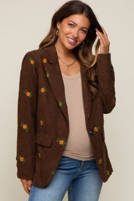 Brown Corduroy Floral Embroidered Maternity Blazer sold by Pinkblush