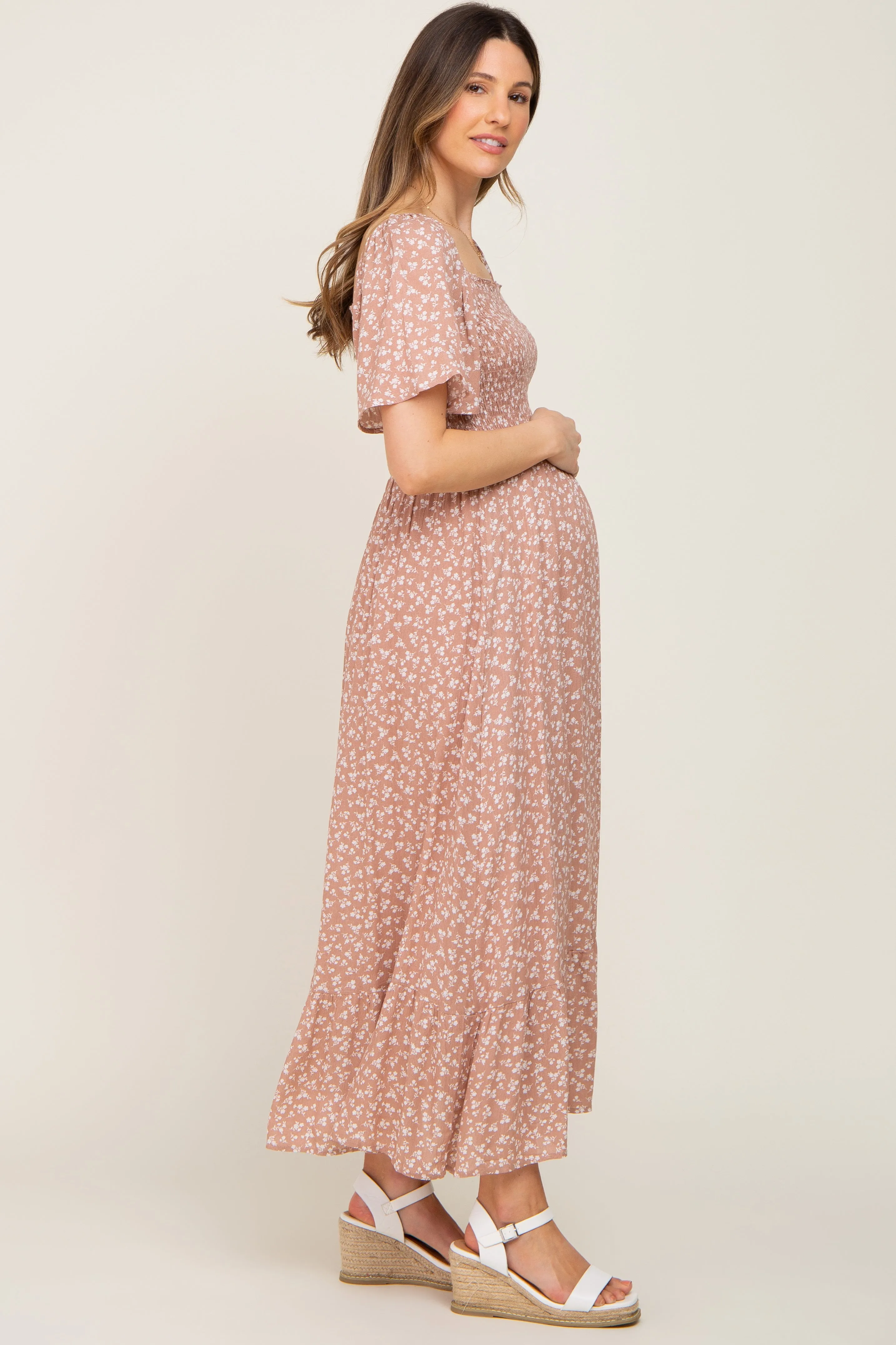 Taupe Floral Smocked Maternity Midi Dress sold by Pinkblush product image thumbnail 2