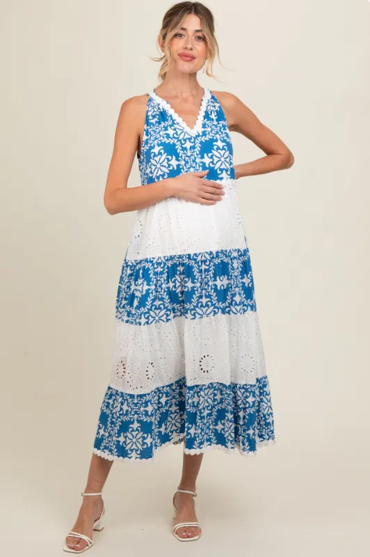 Blue Printed Eyelet Tiered V-Neckline Sleeveless Maternity Dress sold by Pinkblush