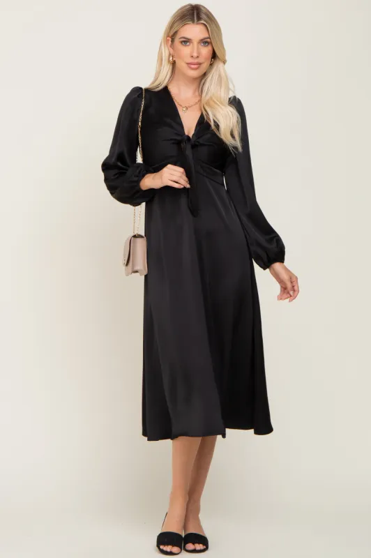 Black Satin Tie Front Cutout Midi Dress sold by Pinkblush