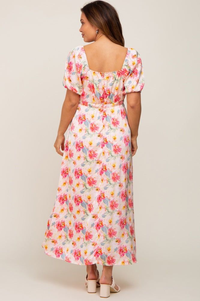 Pink Floral Satin Ruched V-Neck Puff Short Sleeve Maternity Maxi Dress sold by Pinkblush product image thumbnail 3