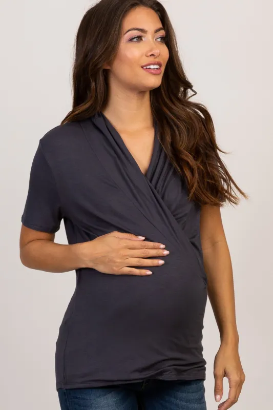Charcoal Solid Short Sleeve Wrap Front Maternity/Nursing Top sold by Pinkblush