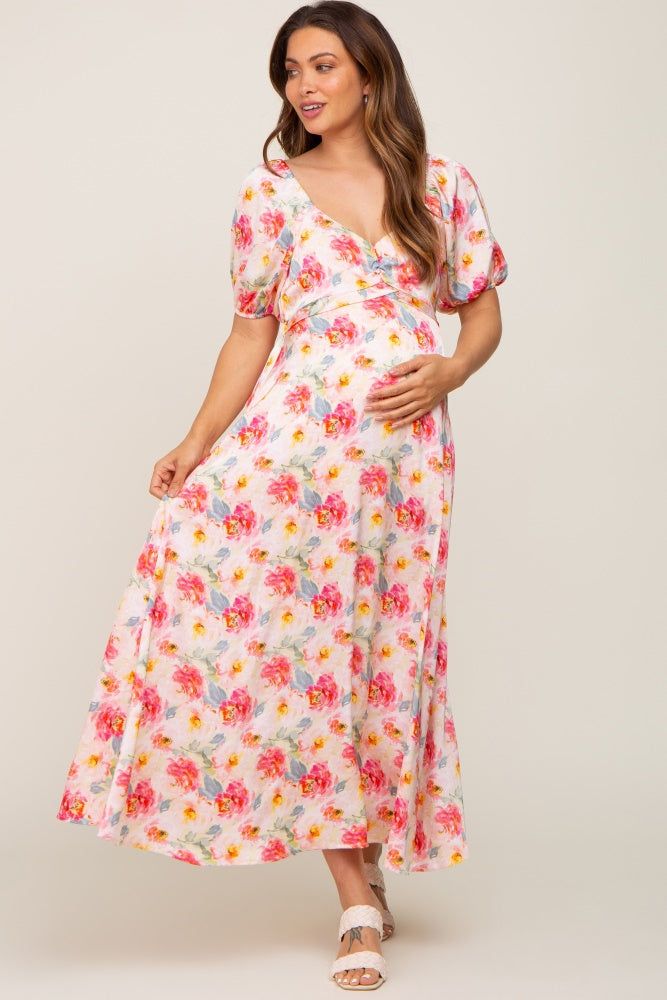 Pink Floral Satin Ruched V-Neck Puff Short Sleeve Maternity Maxi Dress sold by Pinkblush product image thumbnail 4