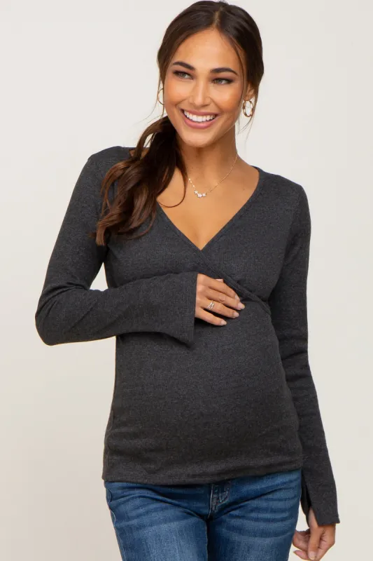 Charcoal Ribbed Long Sleeve Wrap Maternity Nursing Top sold by Pinkblush