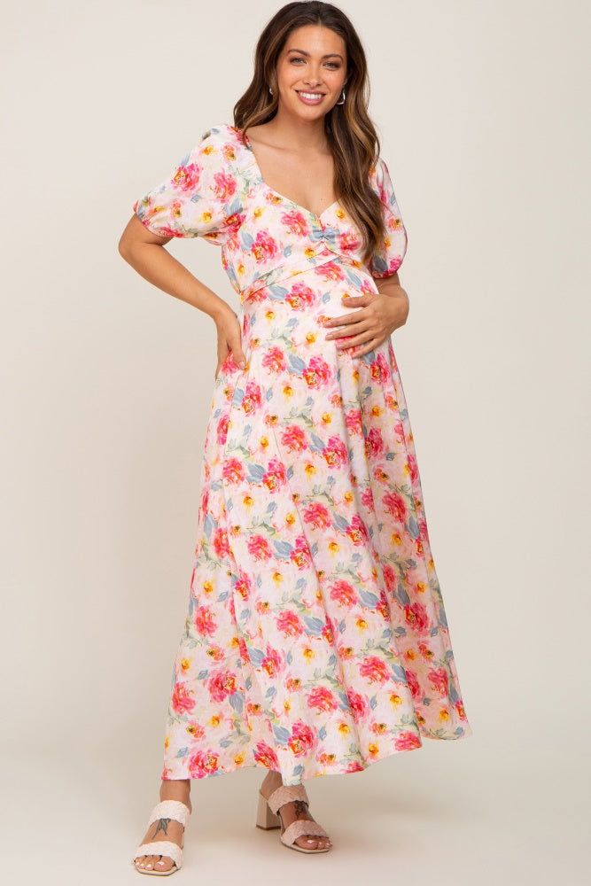 Pink Floral Satin Ruched V-Neck Puff Short Sleeve Maternity Maxi Dress sold by Pinkblush