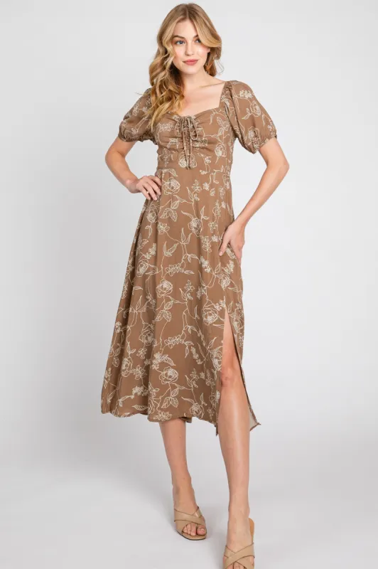 Mocha Print Ruched Midi Dress sold by Pinkblush