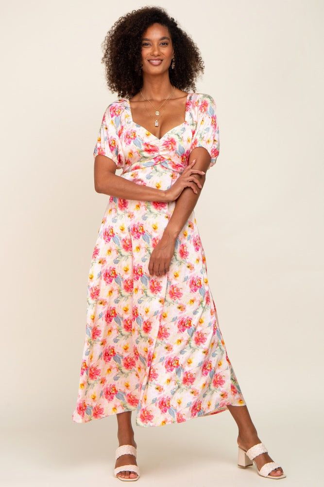 Pink Floral Satin Ruched V-Neck Puff Short Sleeve Maternity Maxi Dress sold by Pinkblush product image thumbnail 5