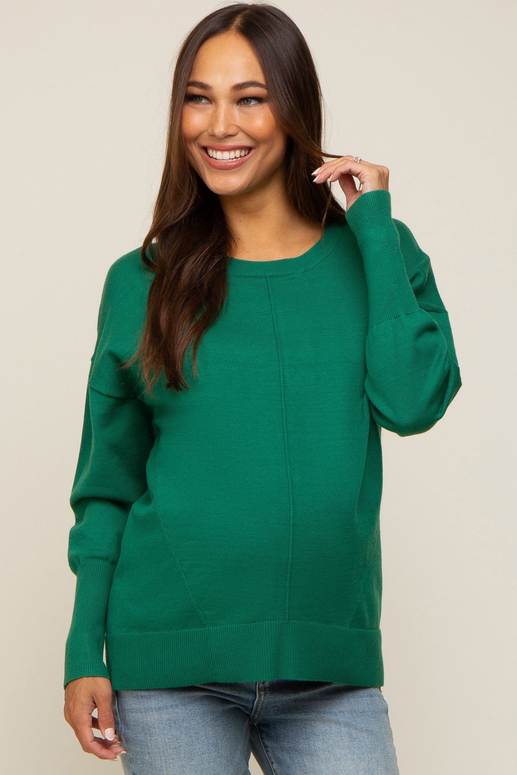 Green Rib Knit Exposed Seam Maternity Sweater sold by Pinkblush