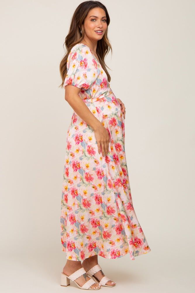 Pink Floral Satin Ruched V-Neck Puff Short Sleeve Maternity Maxi Dress sold by Pinkblush product image thumbnail 2